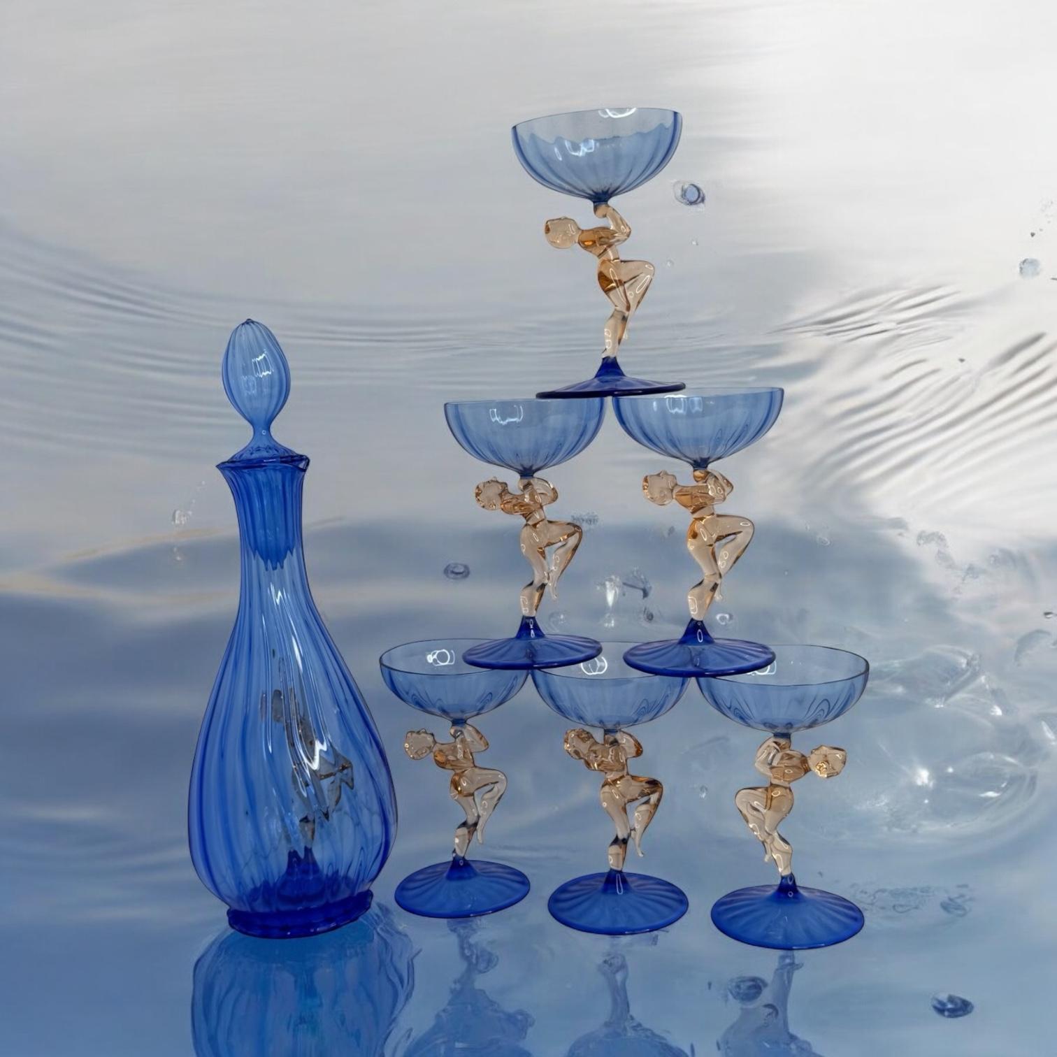 Art Deco Blue Glass Nude Girl Decanter & 6 Glasses Set Bimini, Vintage Austria 12