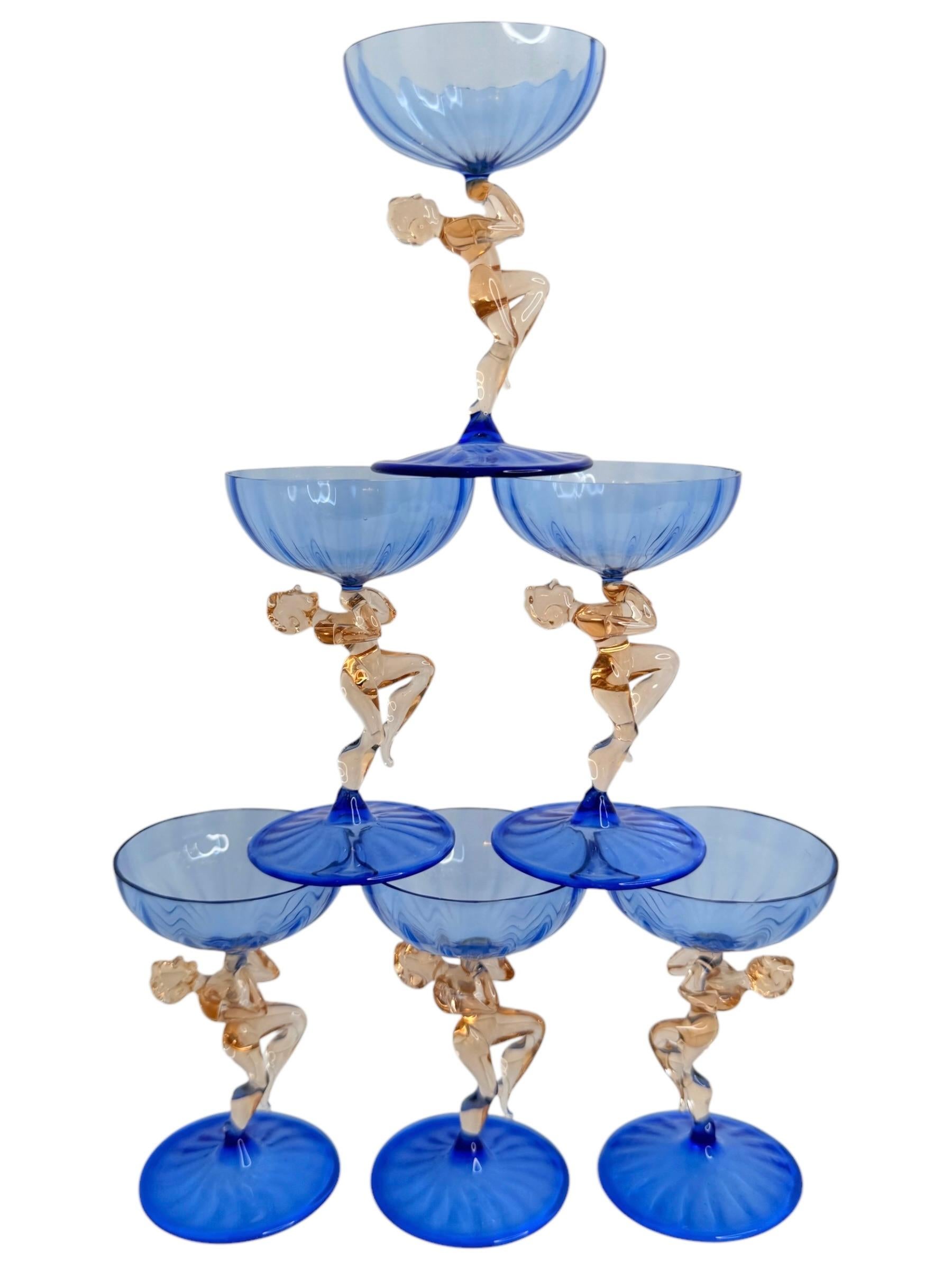 German Art Deco Blue Glass Nude Girl Decanter & 6 Glasses Set Bimini, Vintage Austria