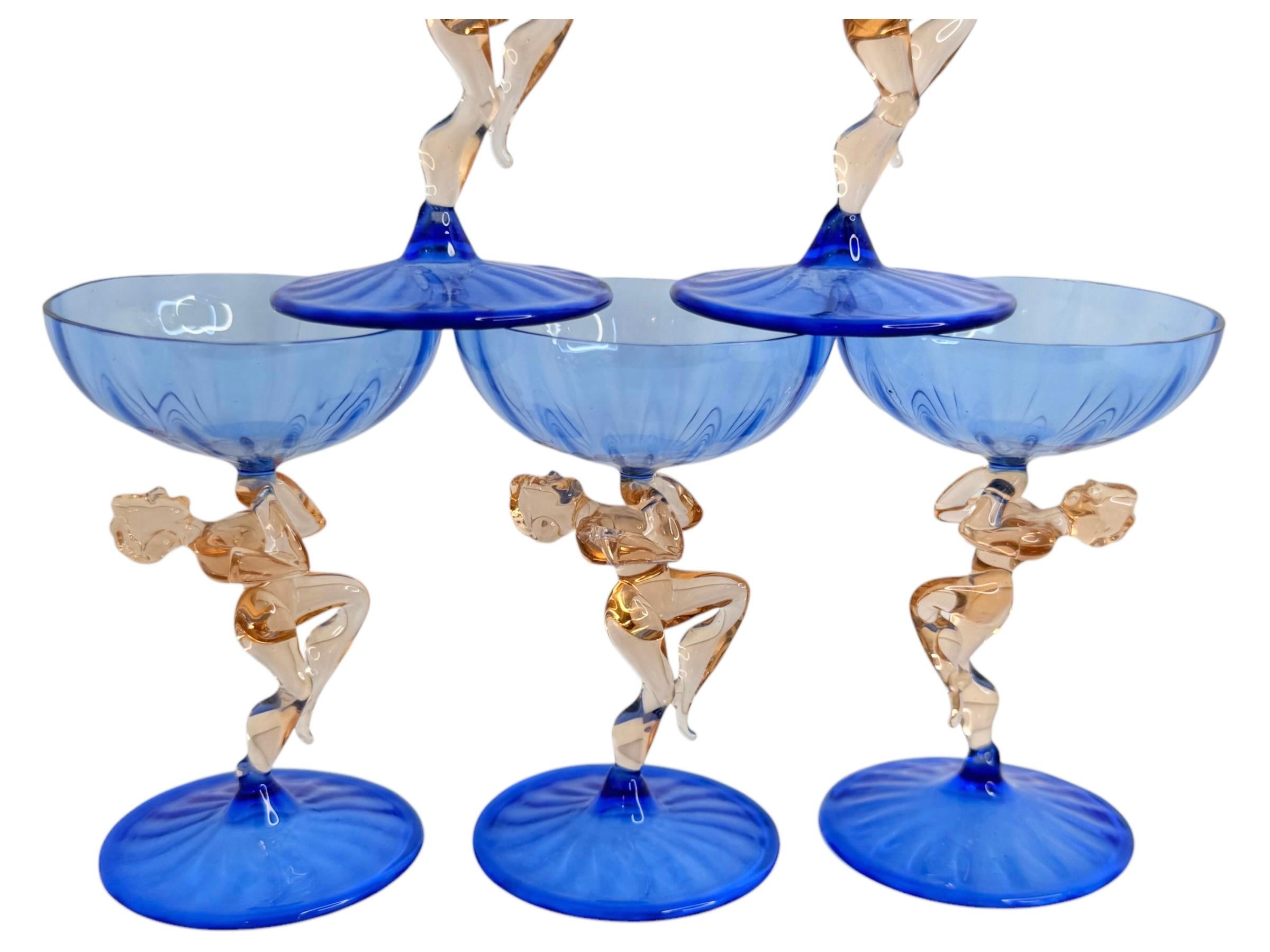 Art Deco Blue Glass Nude Girl Decanter & 6 Glasses Set Bimini, Vintage Austria In Good Condition In Nuernberg, DE