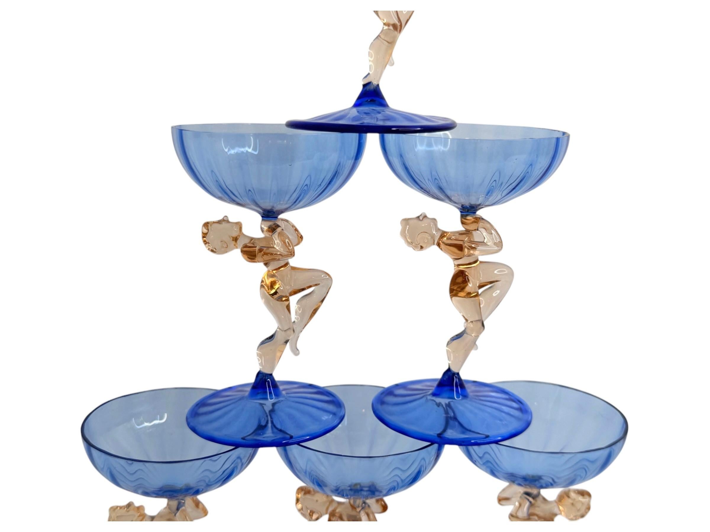 Early 20th Century Art Deco Blue Glass Nude Girl Decanter & 6 Glasses Set Bimini, Vintage Austria