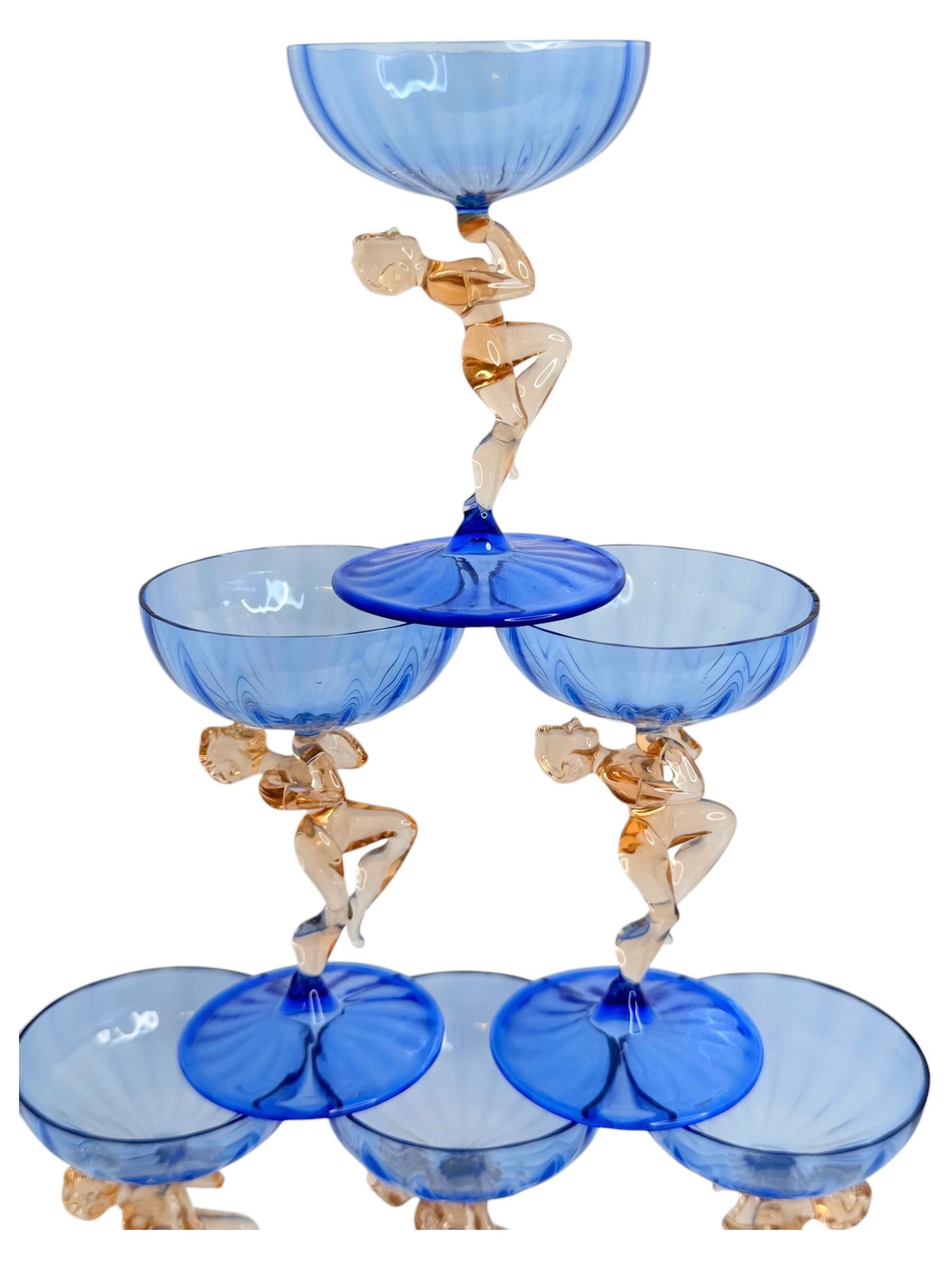 Blown Glass Art Deco Blue Glass Nude Girl Decanter & 6 Glasses Set Bimini, Vintage Austria