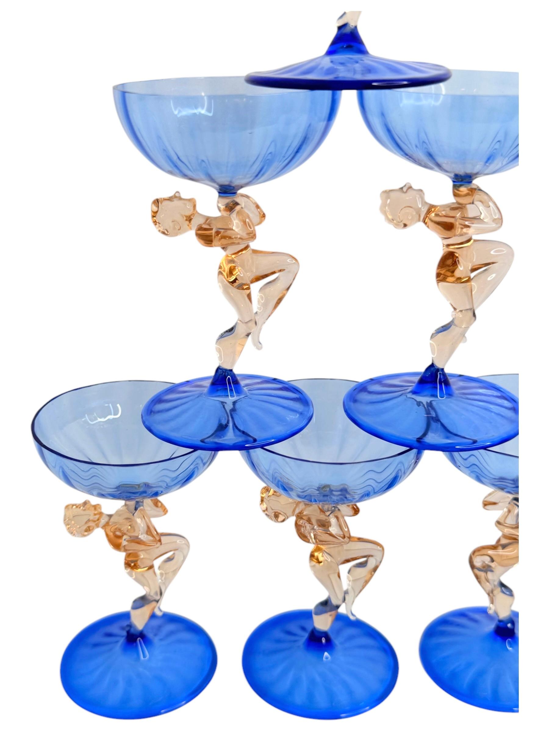 Art Deco Blue Glass Nude Girl Decanter & 6 Glasses Set Bimini, Vintage Austria 1