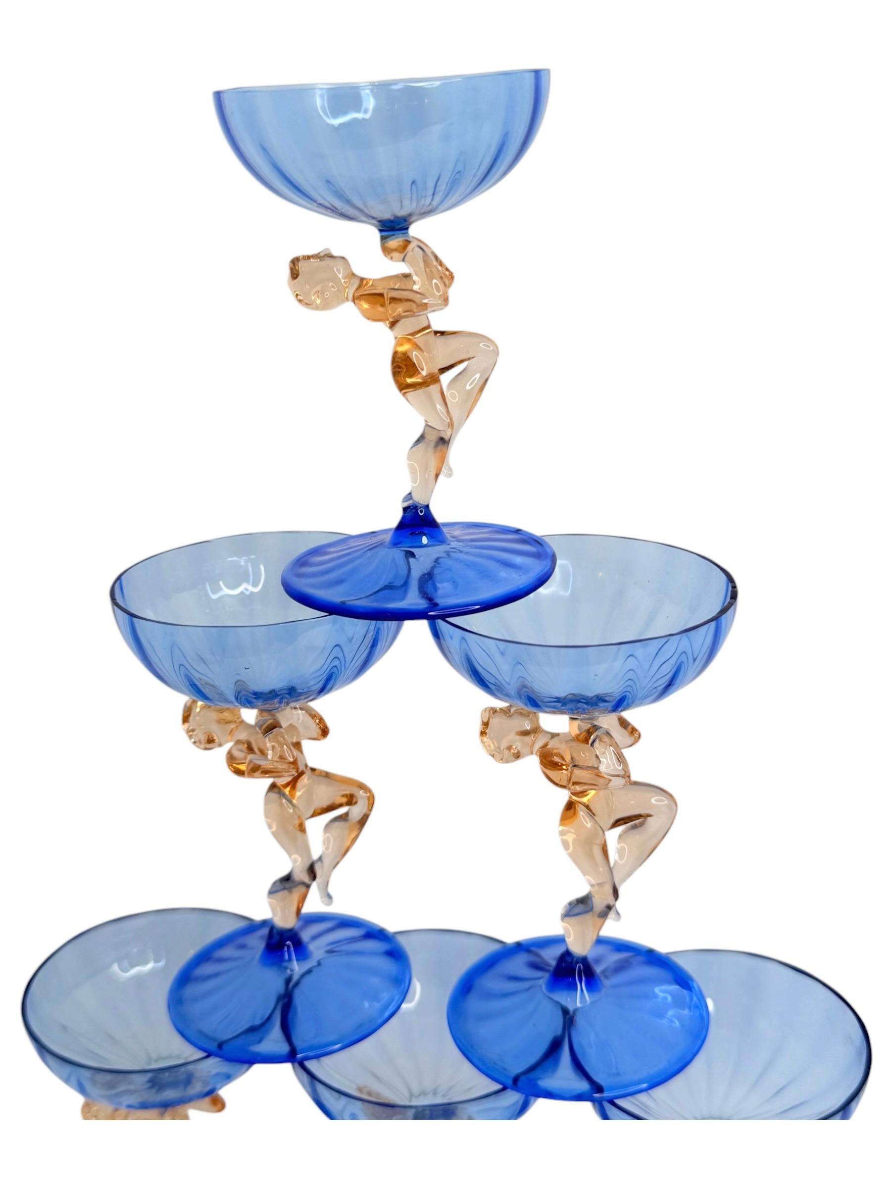 Art Deco Blue Glass Nude Girl Decanter & 6 Glasses Set Bimini, Vintage Austria 3