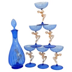 Art Deco Blue Glass Nude Girl Decanter & 6 Glasses Set Bimini, Vintage Austria