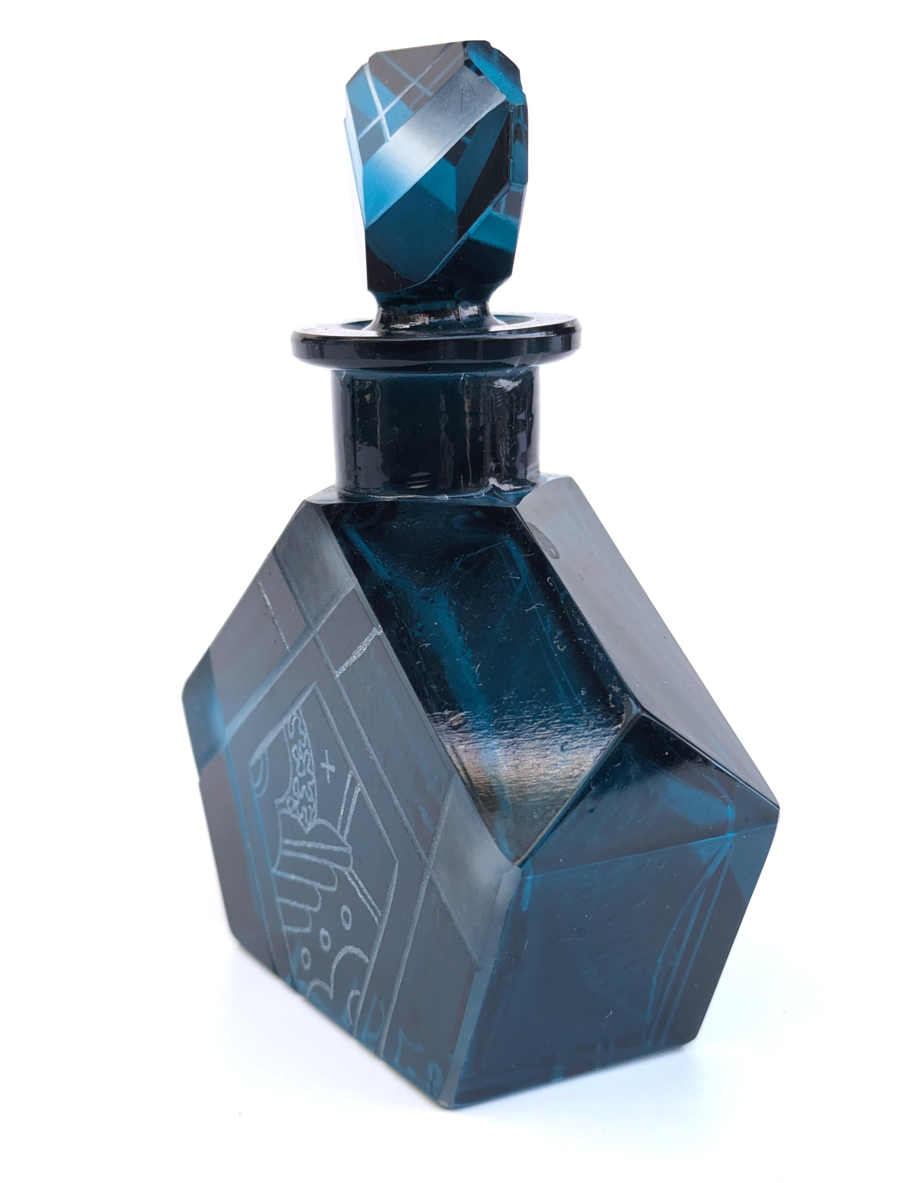 Czech Art Deco Blue Glass Perfume Bottle By Karl Palda, 1930's