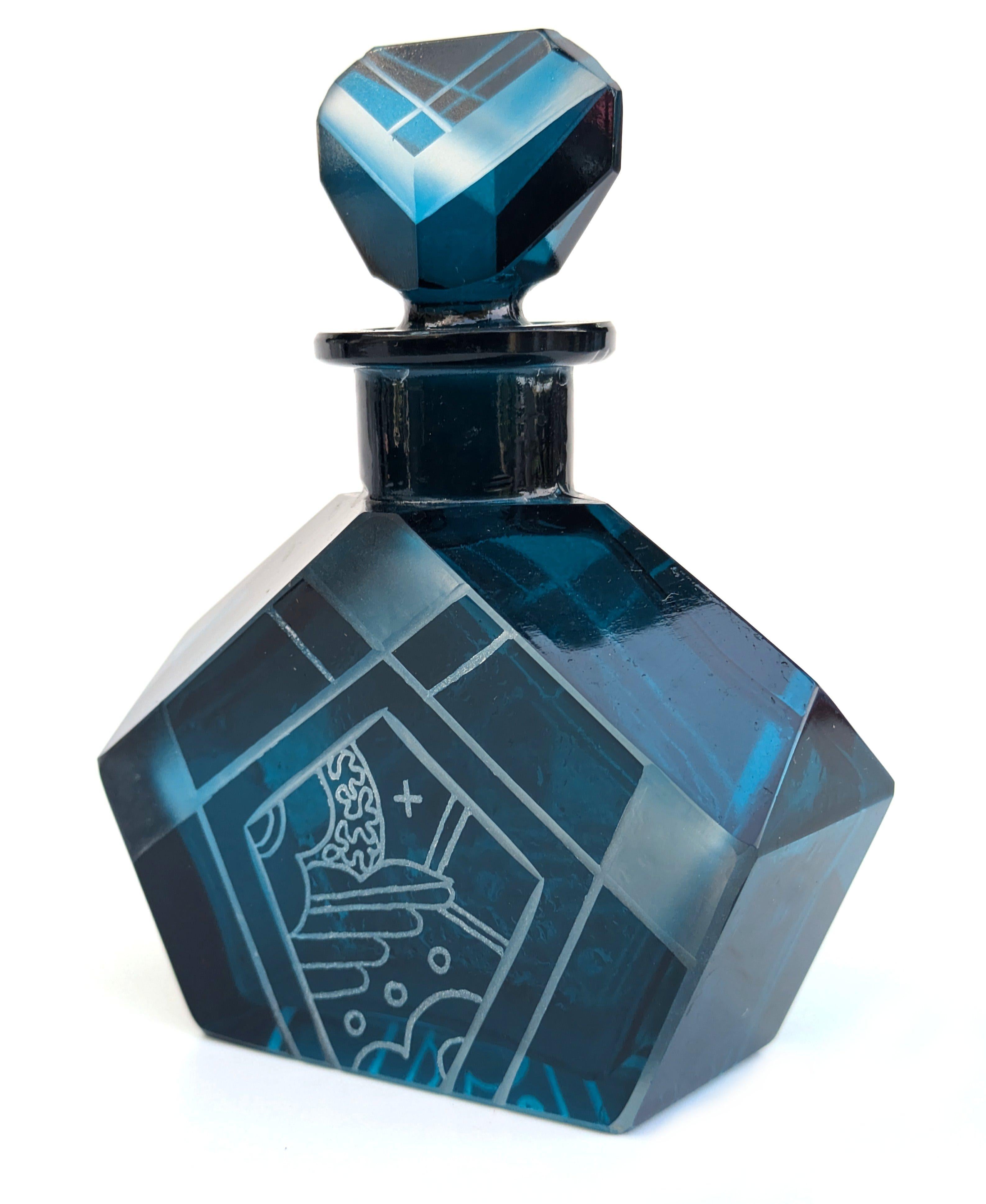 Enameled Art Deco Blue Glass Perfume Bottle By Karl Palda, 1930's