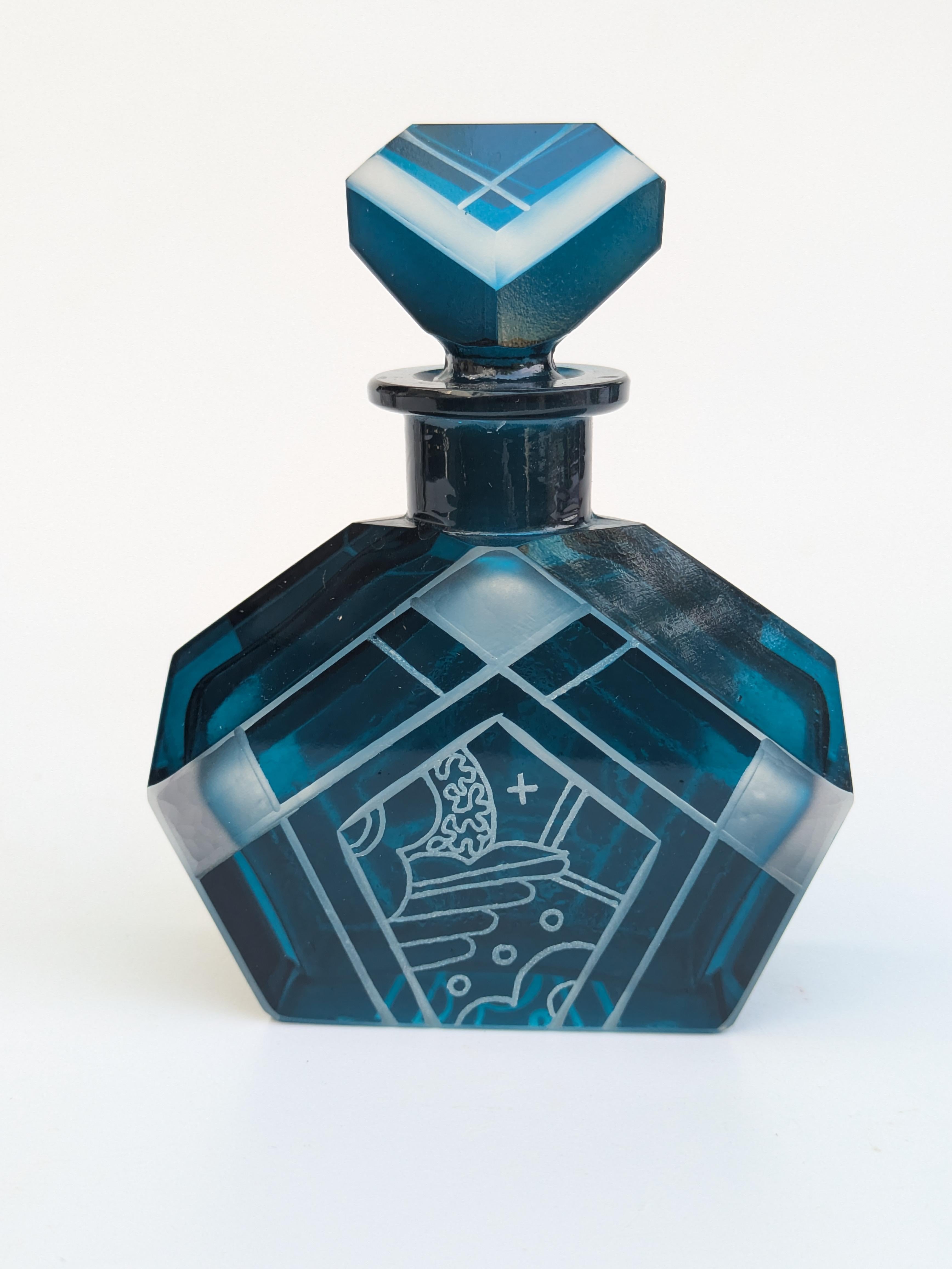 Art Deco Blue Glass Perfume Bottle By Karl Palda, 1930's In Good Condition In Devon, England