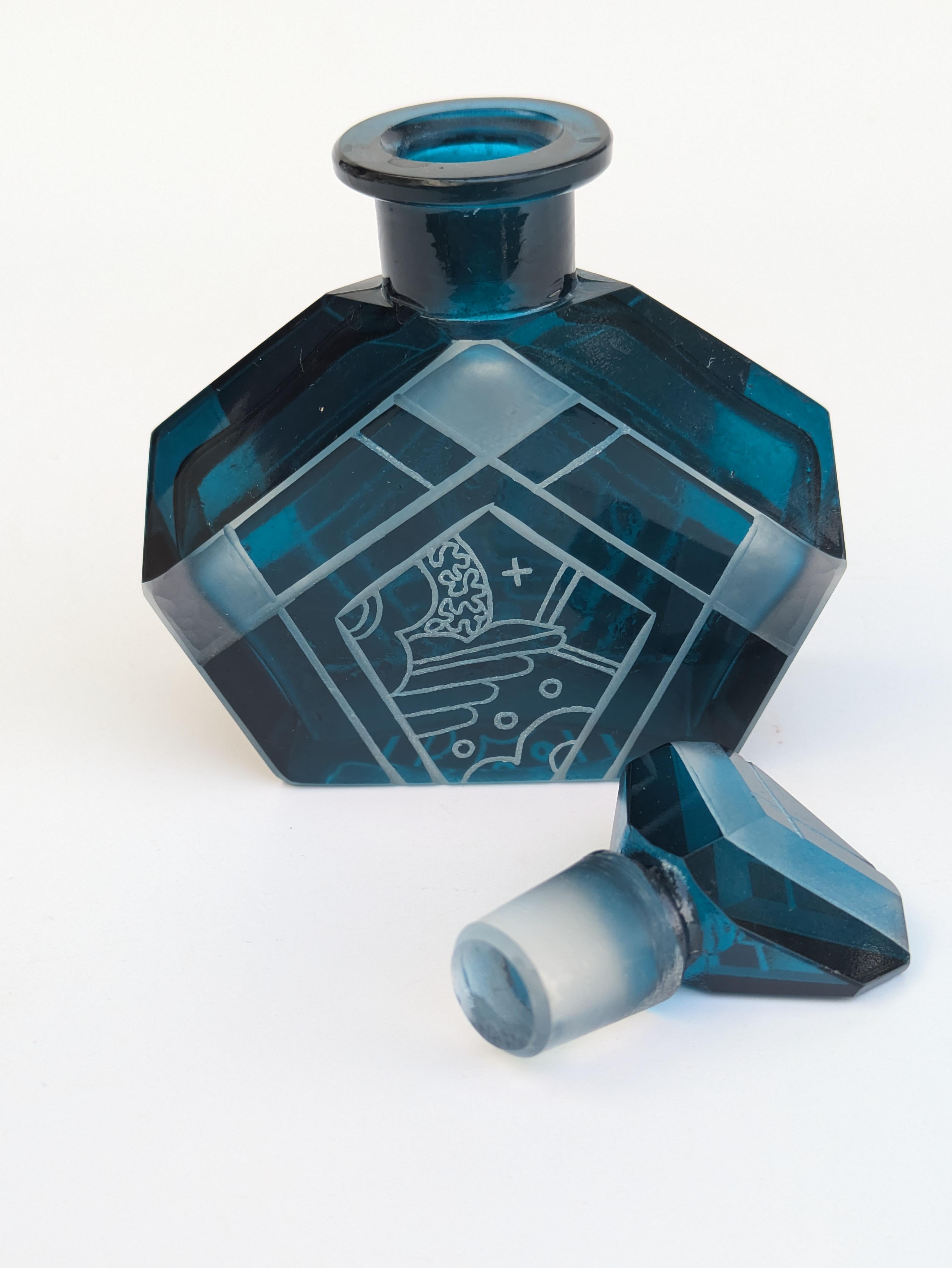 20th Century Art Deco Blue Glass Perfume Bottle By Karl Palda, 1930's