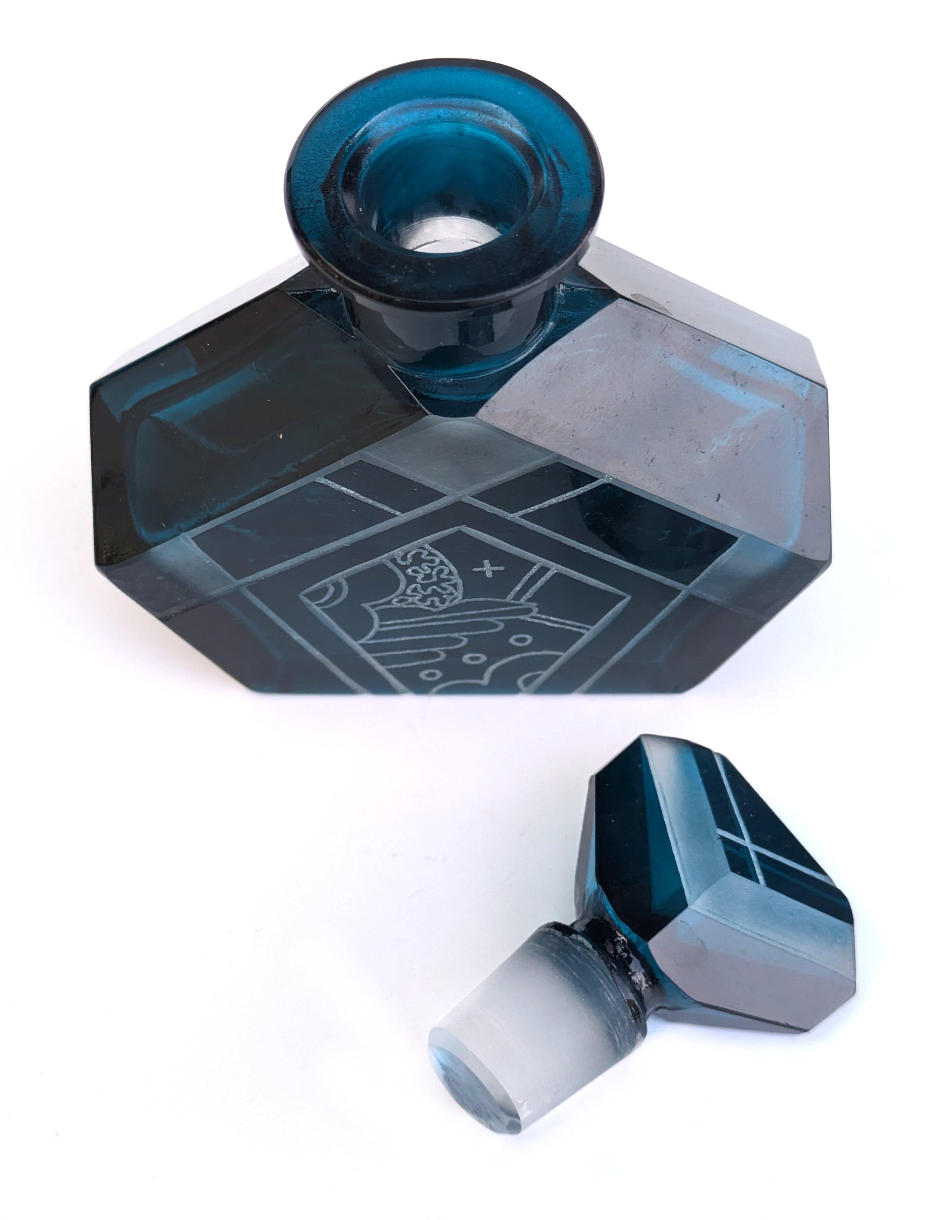 Cut Glass Art Deco Blue Glass Perfume Bottle By Karl Palda, 1930's