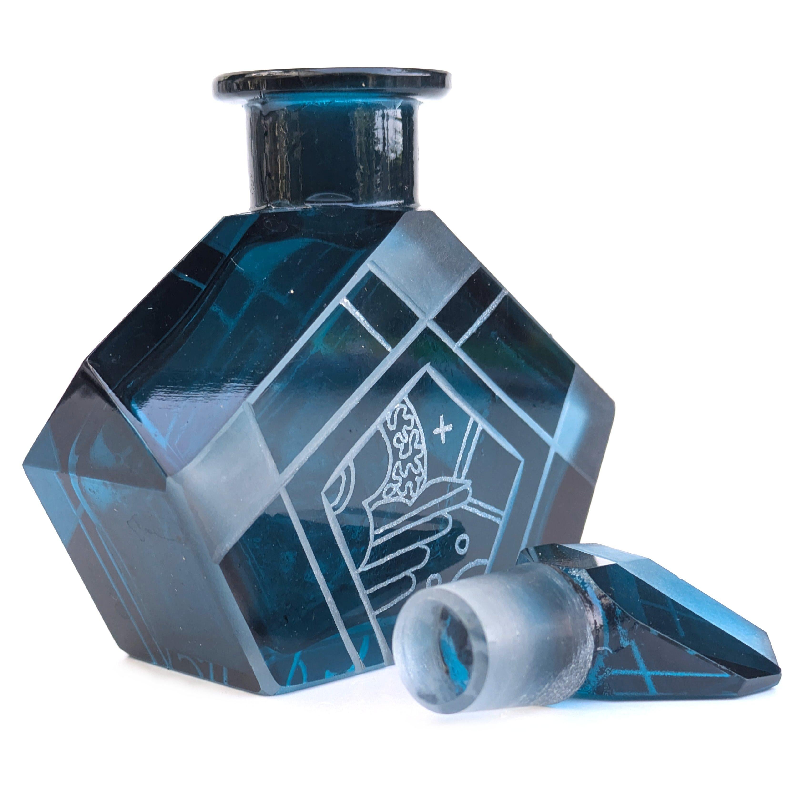 Art Deco Blue Glass Perfume Bottle By Karl Palda, 1930's 1