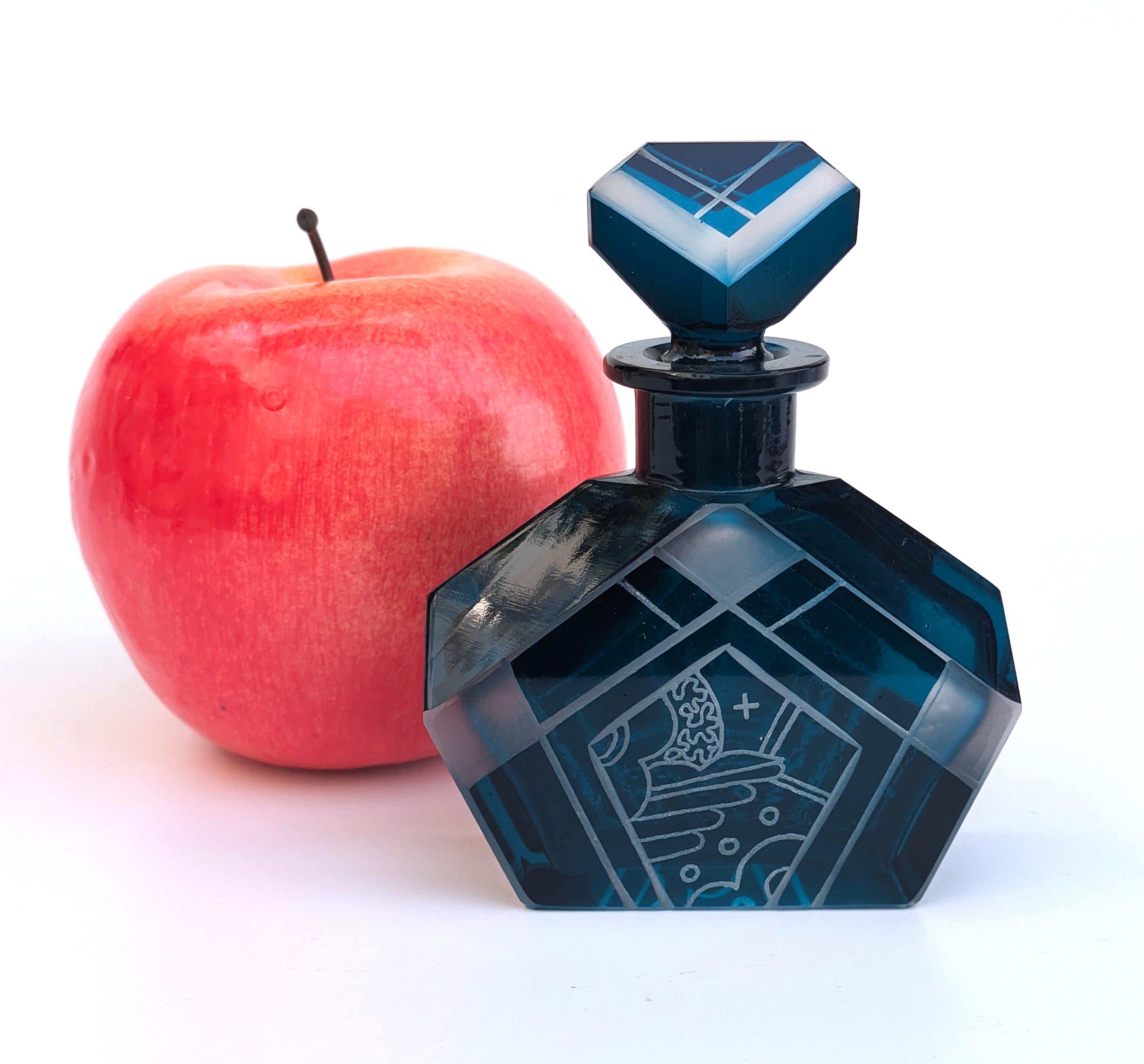 Art Deco Blue Glass Perfume Bottle By Karl Palda, 1930's 2