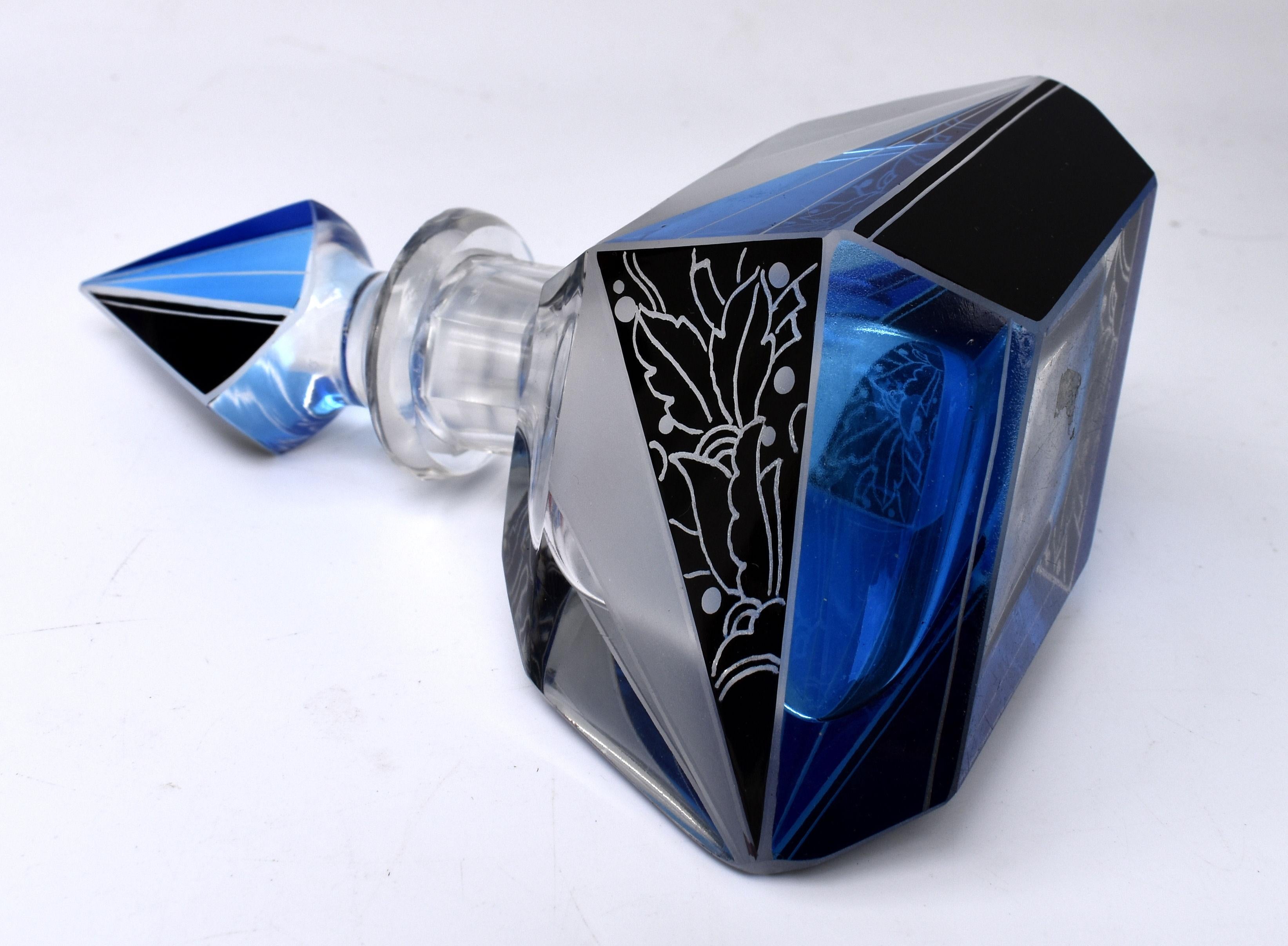 Enameled Art Deco Blue Glass Perfume Bottle by Karl Palda, C1930