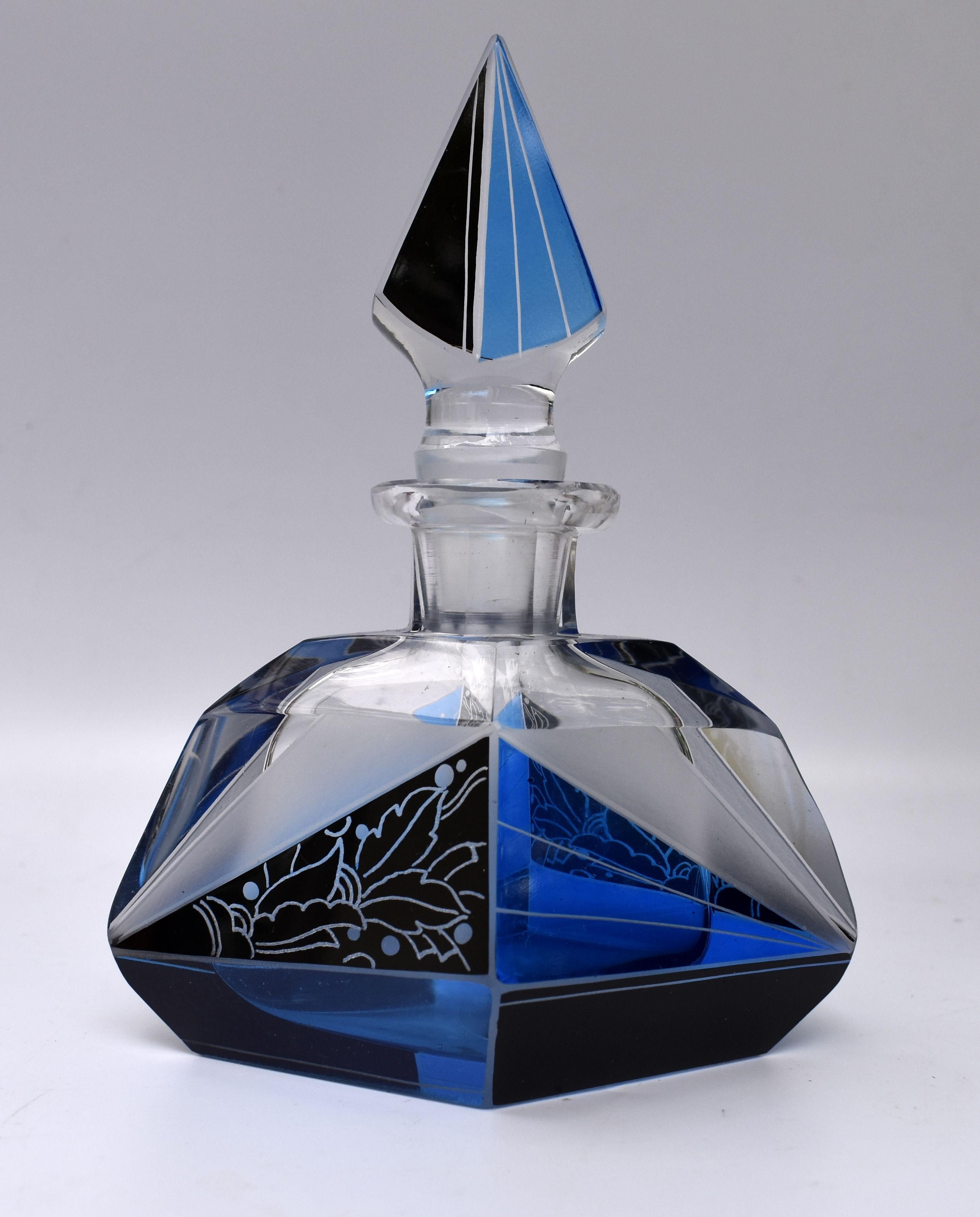 Art Deco Blue Glass Perfume Bottle by Karl Palda, C1930 In Good Condition In Devon, England