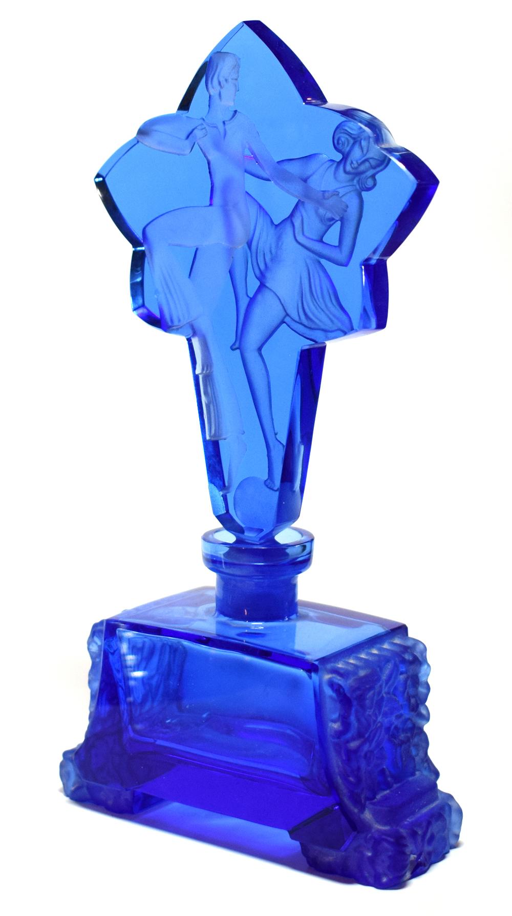 Art Deco Blue Glass Perfume Bottle In Good Condition In Devon, England