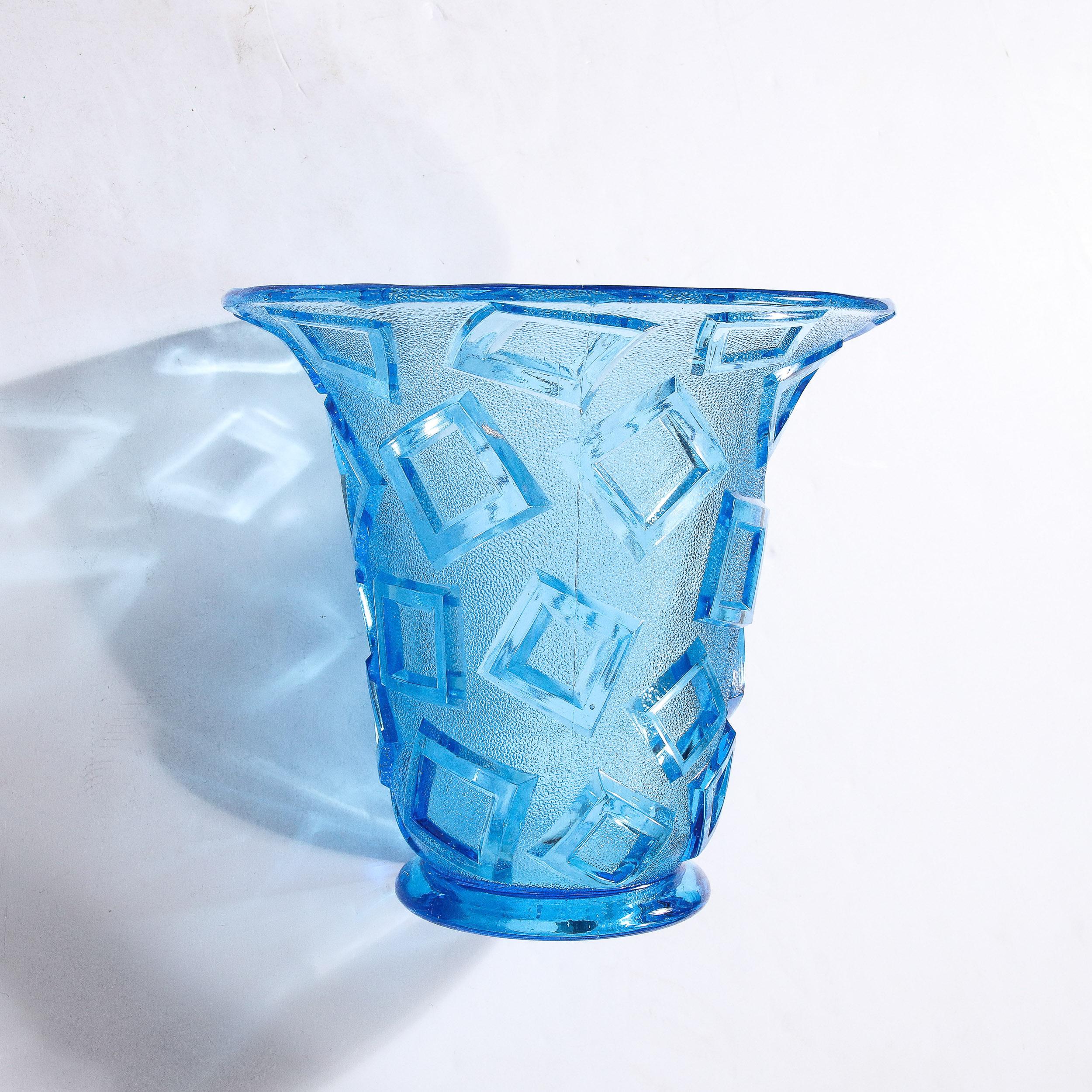 Art Deco Blue Glass Vase w/ Raised Translucent Geometric Patterning For Sale 4