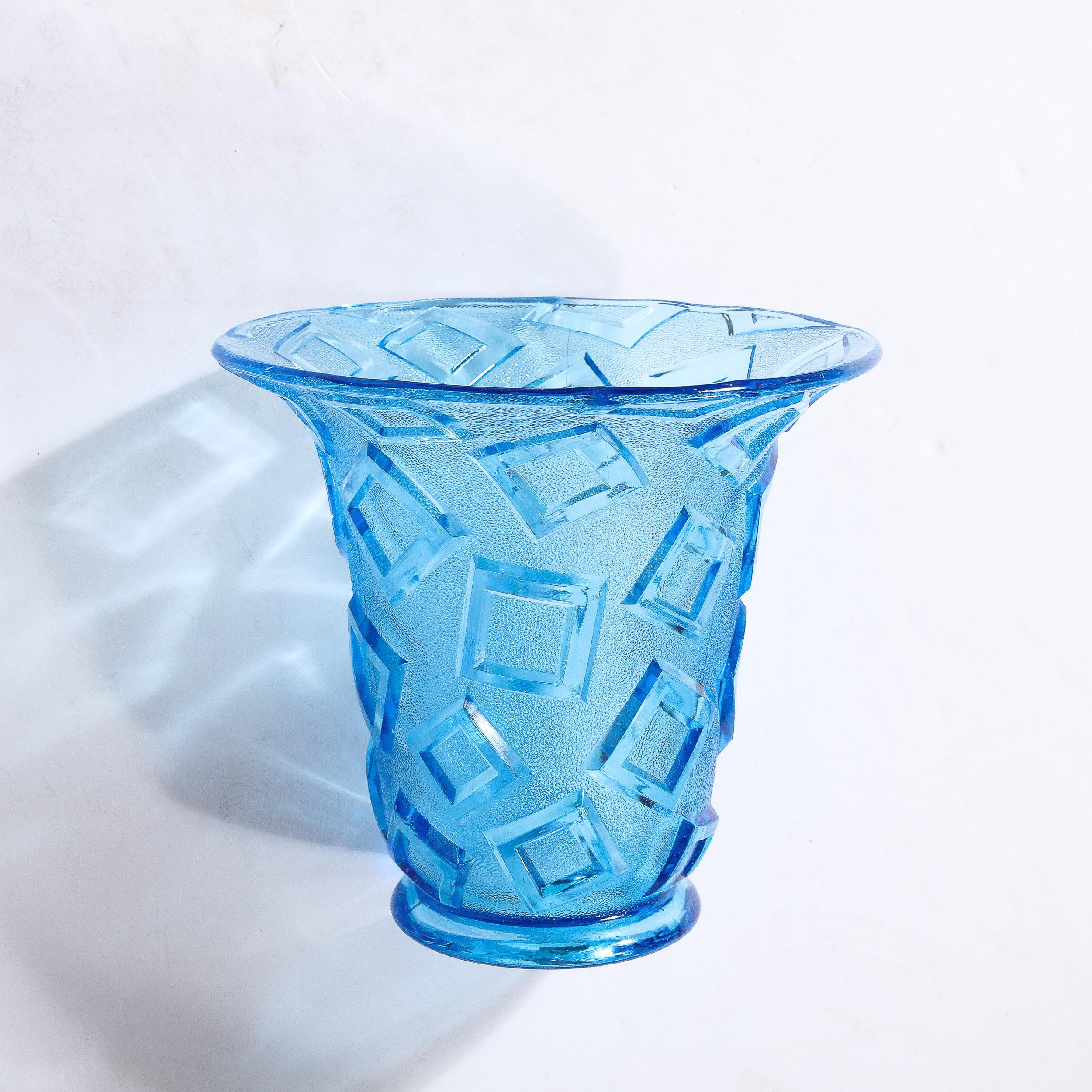 Art Deco Blue Glass Vase w/ Raised Translucent Geometric Patterning For Sale 5