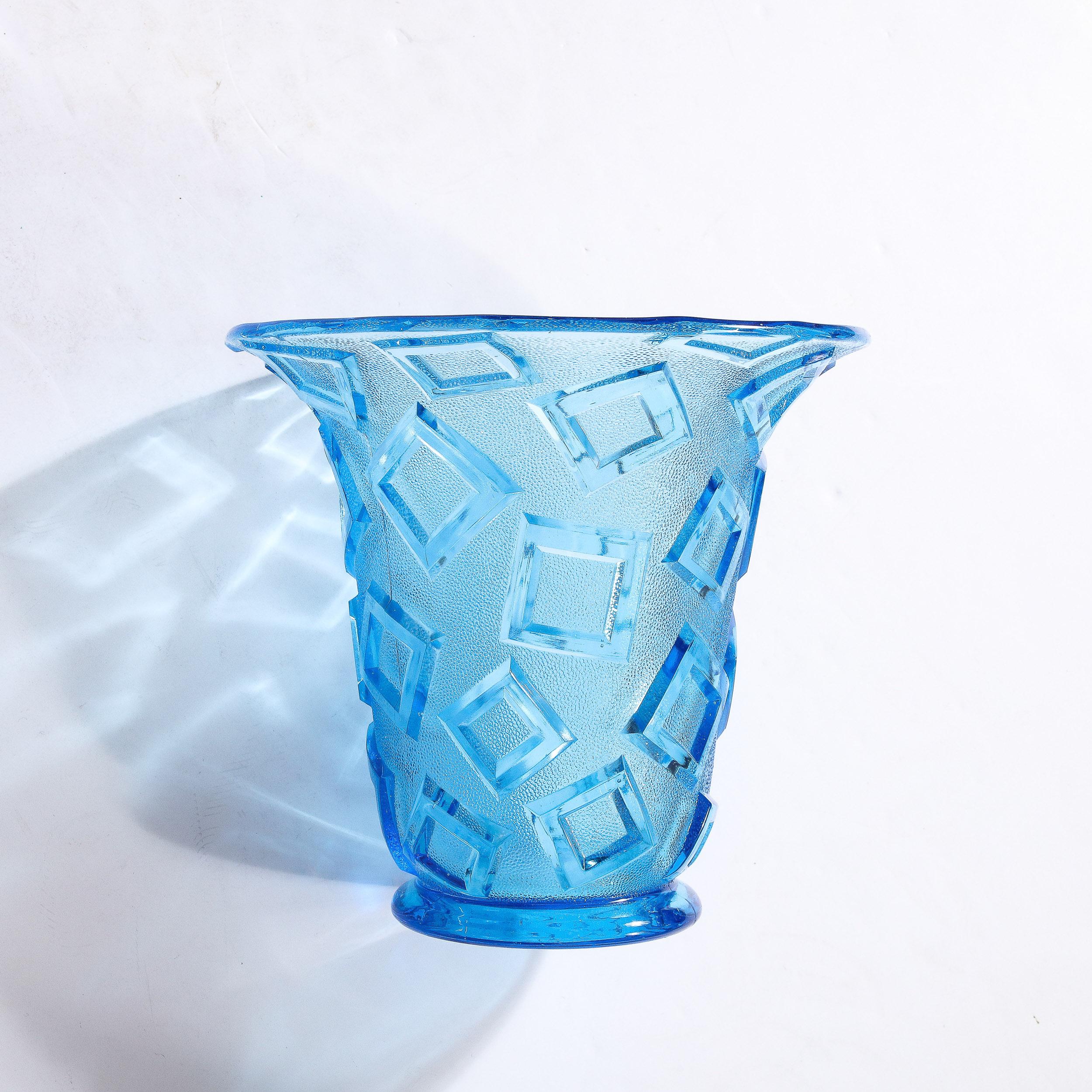 Art Deco Blue Glass Vase w/ Raised Translucent Geometric Patterning For Sale 6