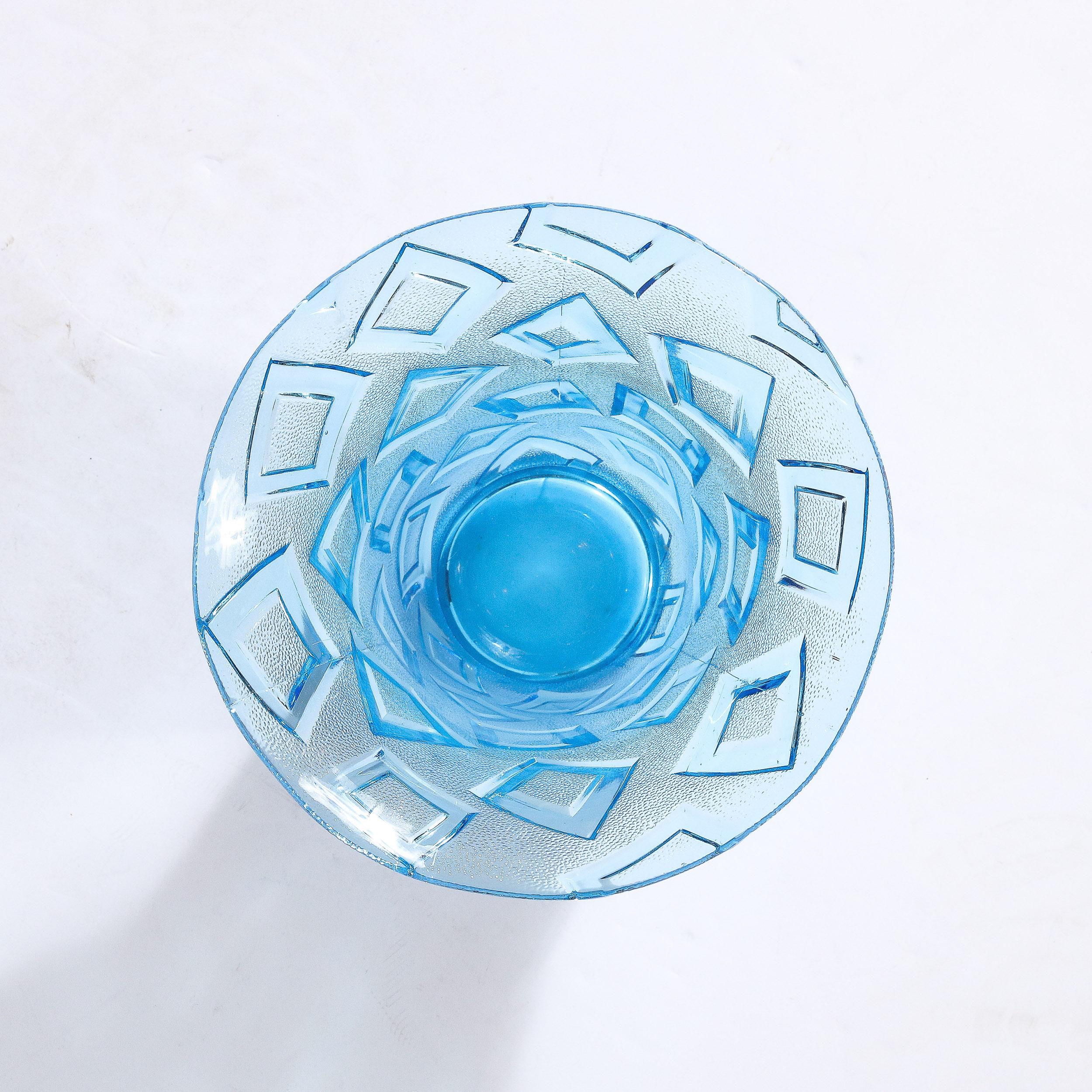 Art Deco Blue Glass Vase w/ Raised Translucent Geometric Patterning For Sale 7
