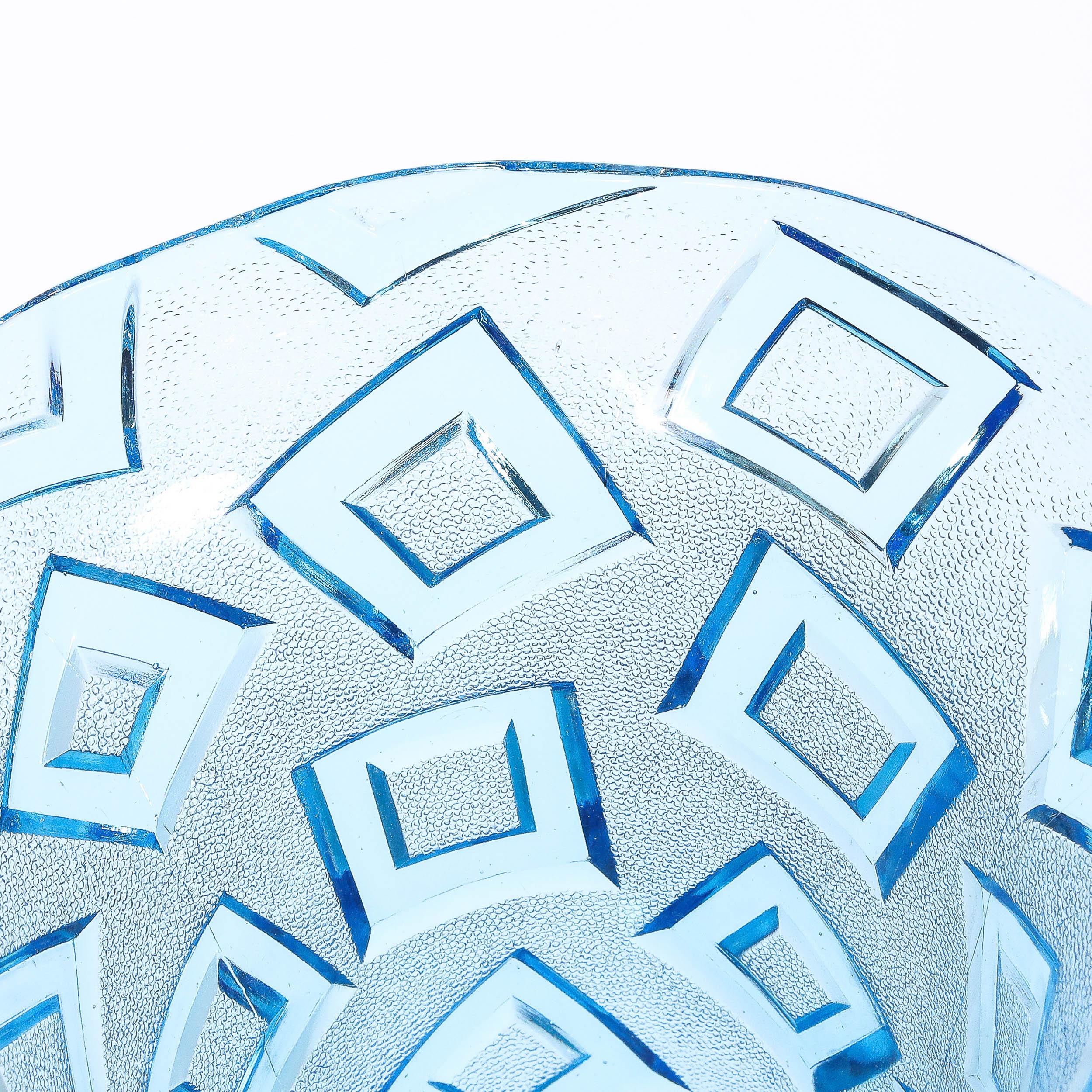 Art Deco Blue Glass Vase w/ Raised Translucent Geometric Patterning For Sale 8