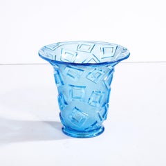Art Deco Blue Glass Vase w/ Raised Translucent Geometric Patterning