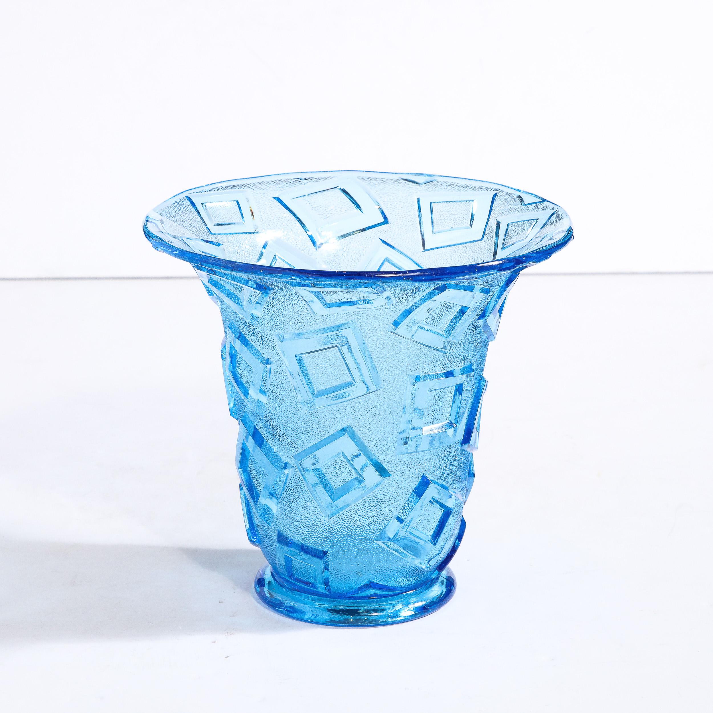 American Art Deco Blue Glass Vase w/ Raised Translucent Geometric Patterning For Sale
