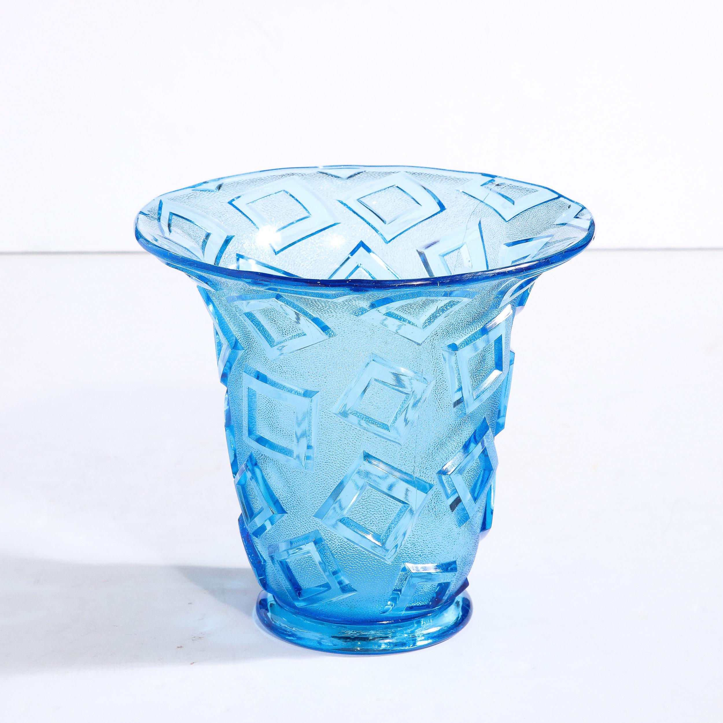 Pressed Art Deco Blue Glass Vase w/ Raised Translucent Geometric Patterning For Sale