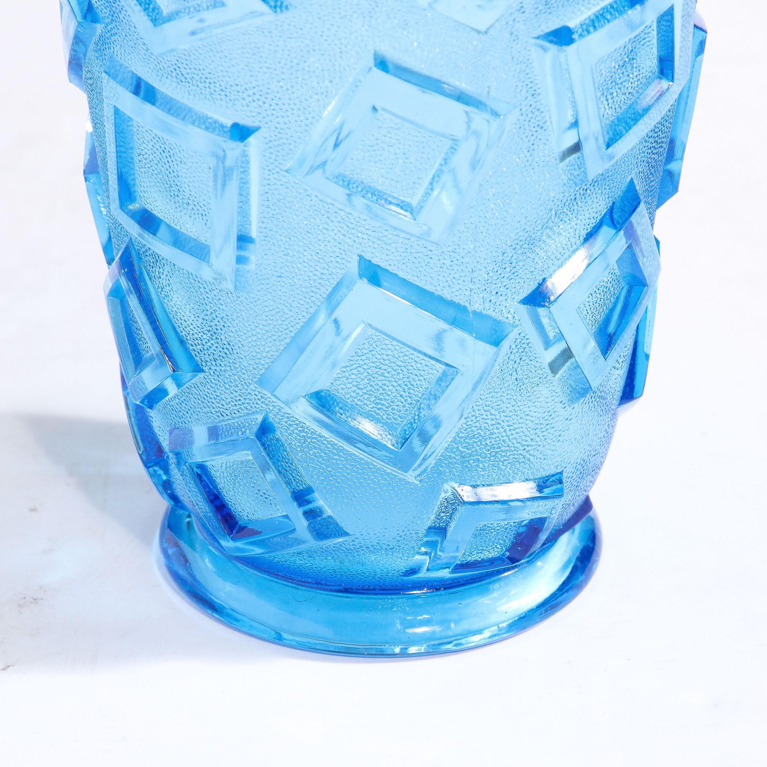 Art Deco Blue Glass Vase w/ Raised Translucent Geometric Patterning In Excellent Condition For Sale In New York, NY
