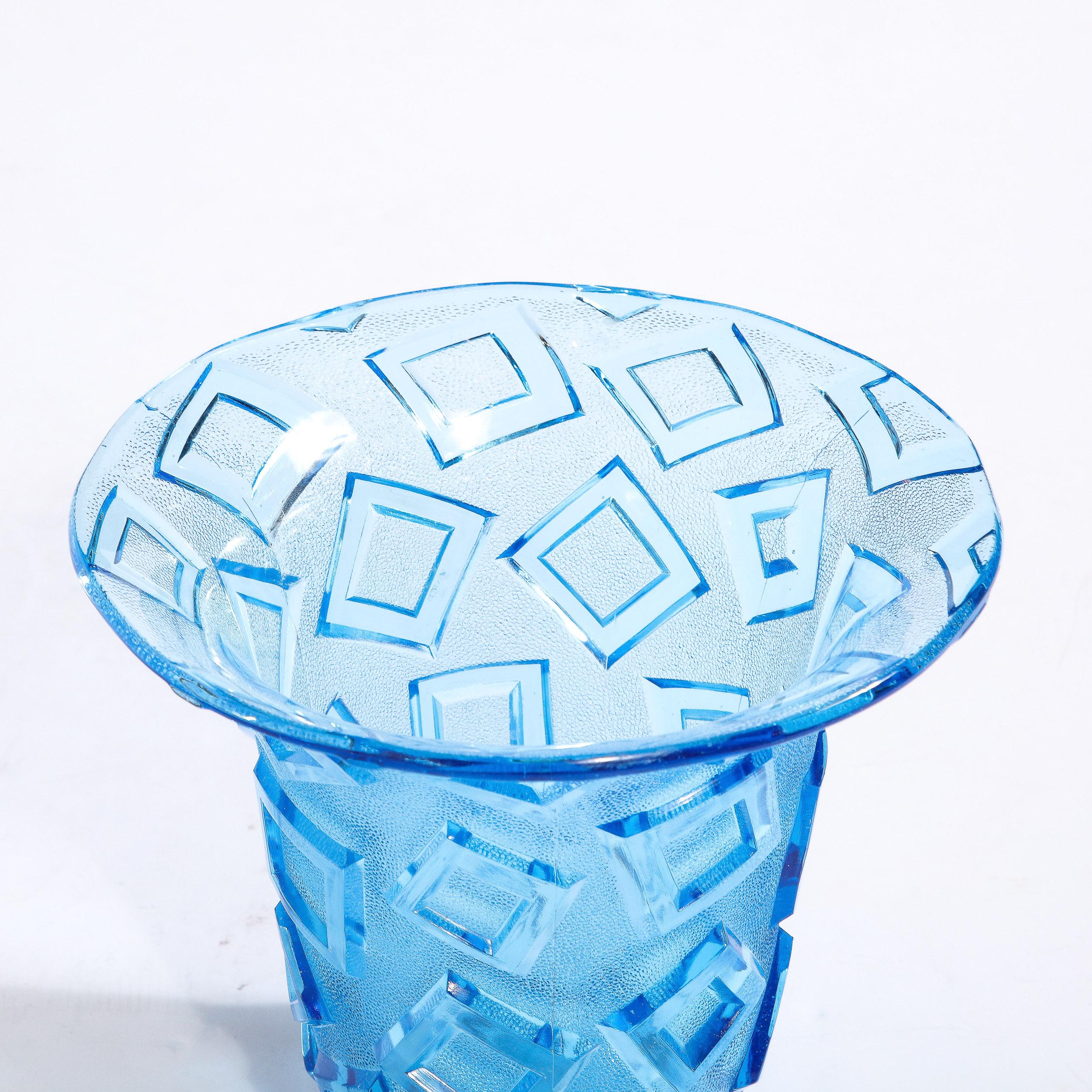 Mid-20th Century Art Deco Blue Glass Vase w/ Raised Translucent Geometric Patterning For Sale