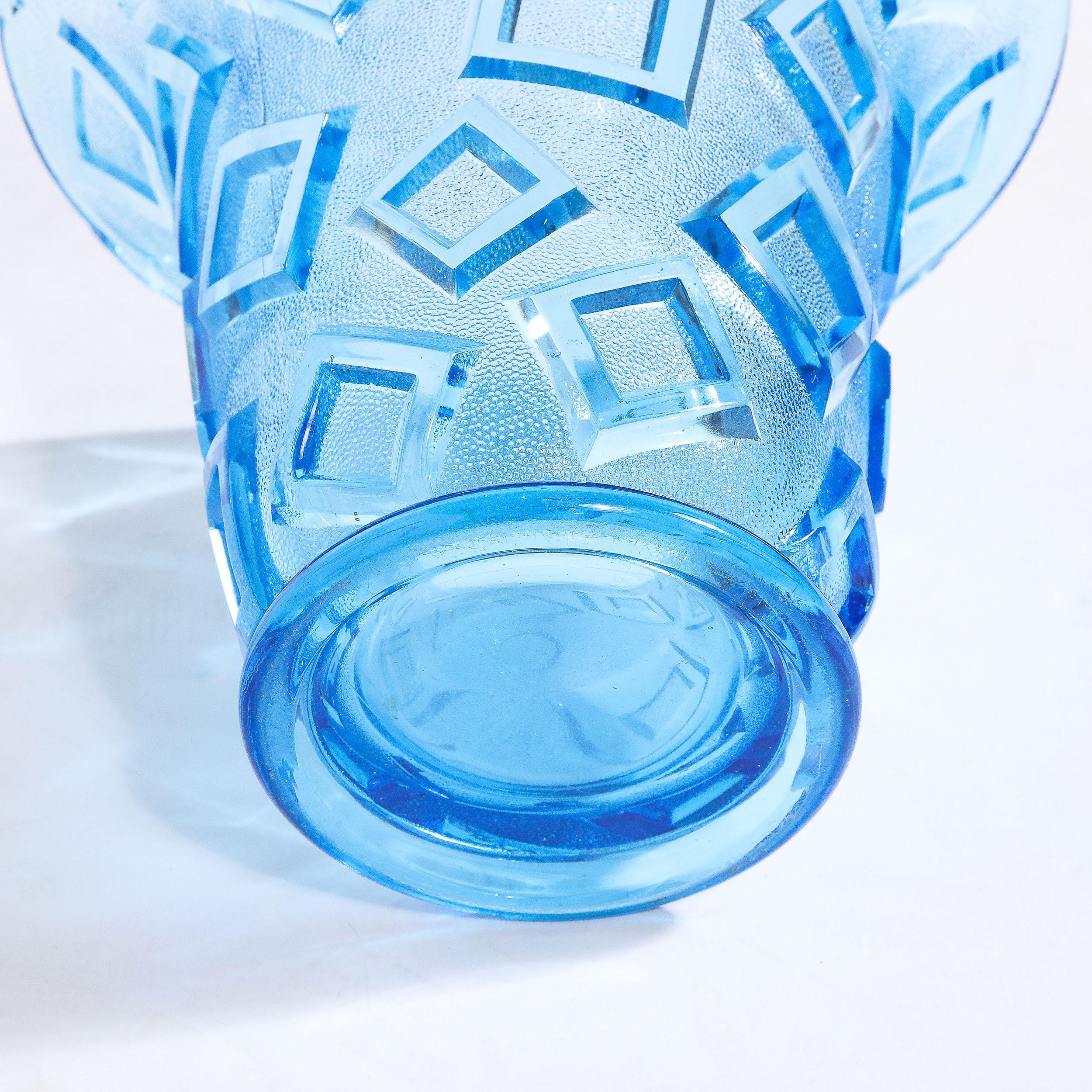 Art Deco Blue Glass Vase w/ Raised Translucent Geometric Patterning For Sale 1