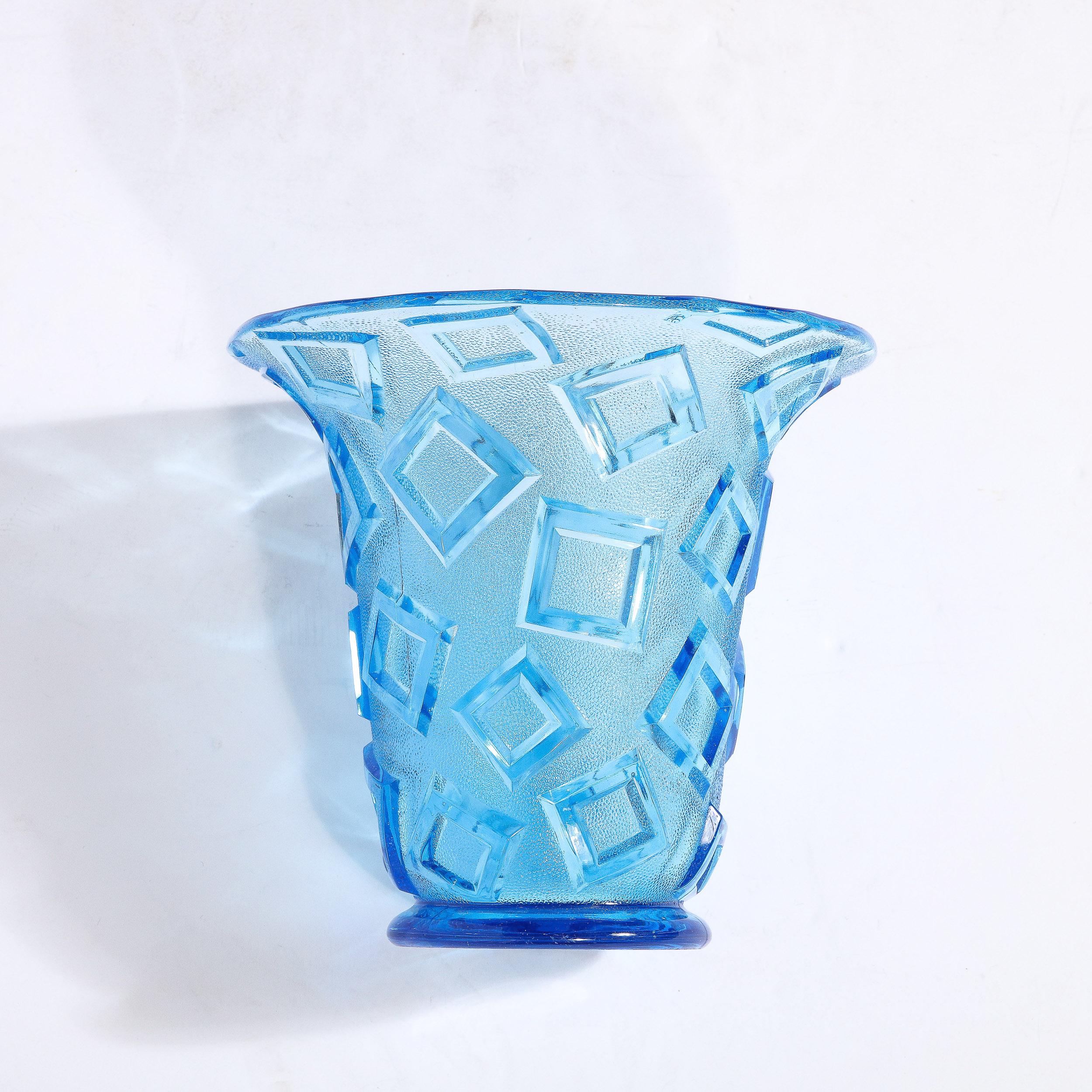 Art Deco Blue Glass Vase w/ Raised Translucent Geometric Patterning For Sale 2