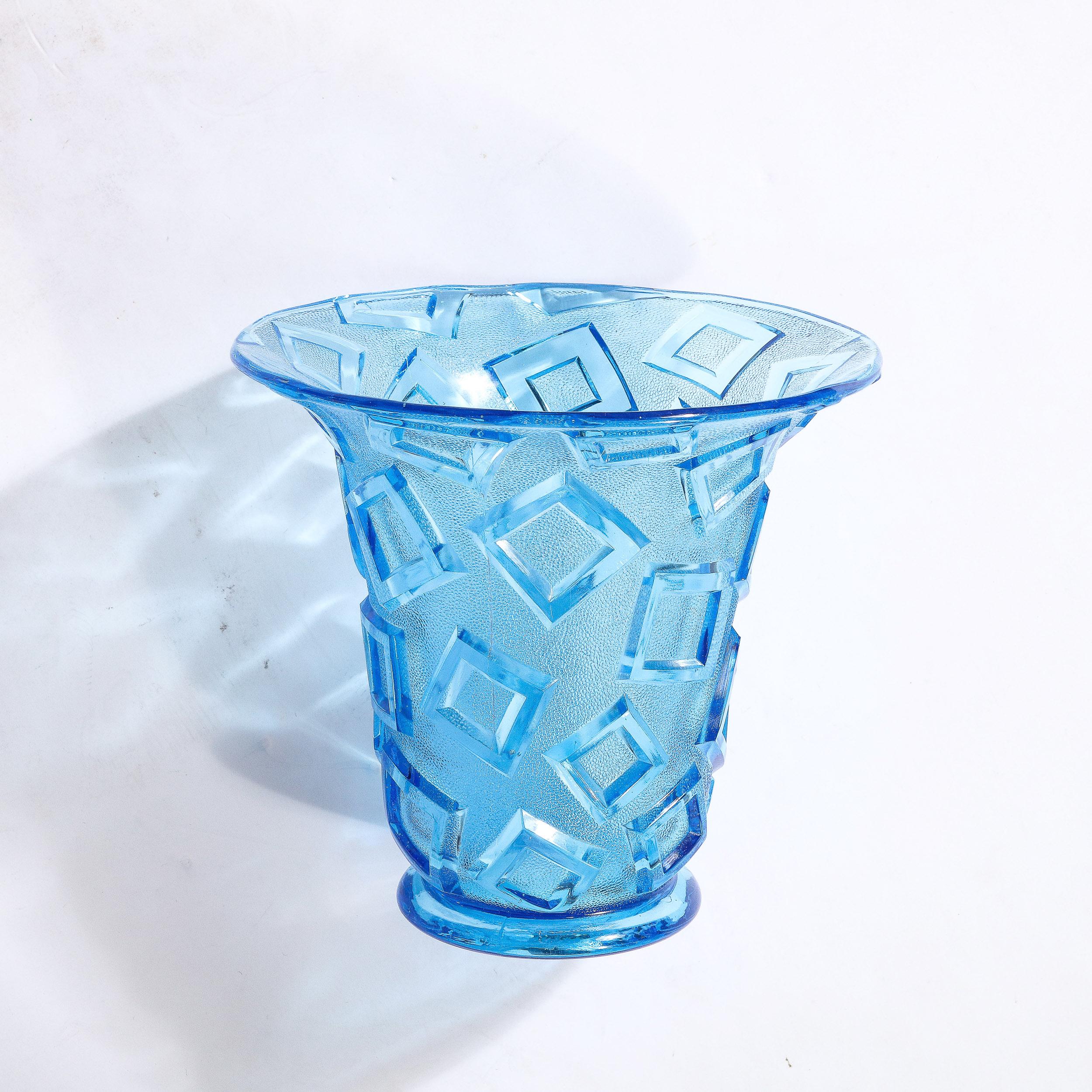 Art Deco Blue Glass Vase w/ Raised Translucent Geometric Patterning For Sale 3