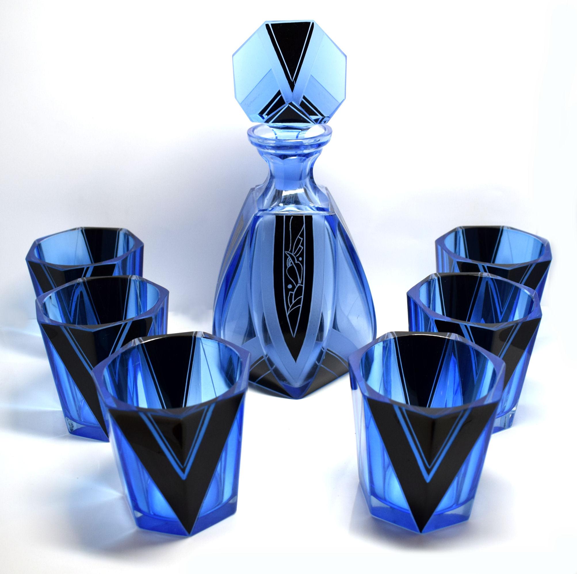 Art Deco Blue Glass Whisky Decanter Set 5