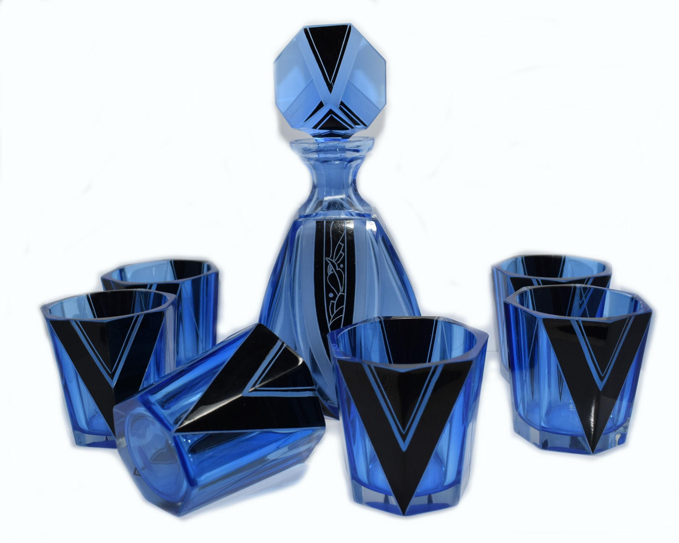 Art Deco Blue Glass Whisky Decanter Set 6
