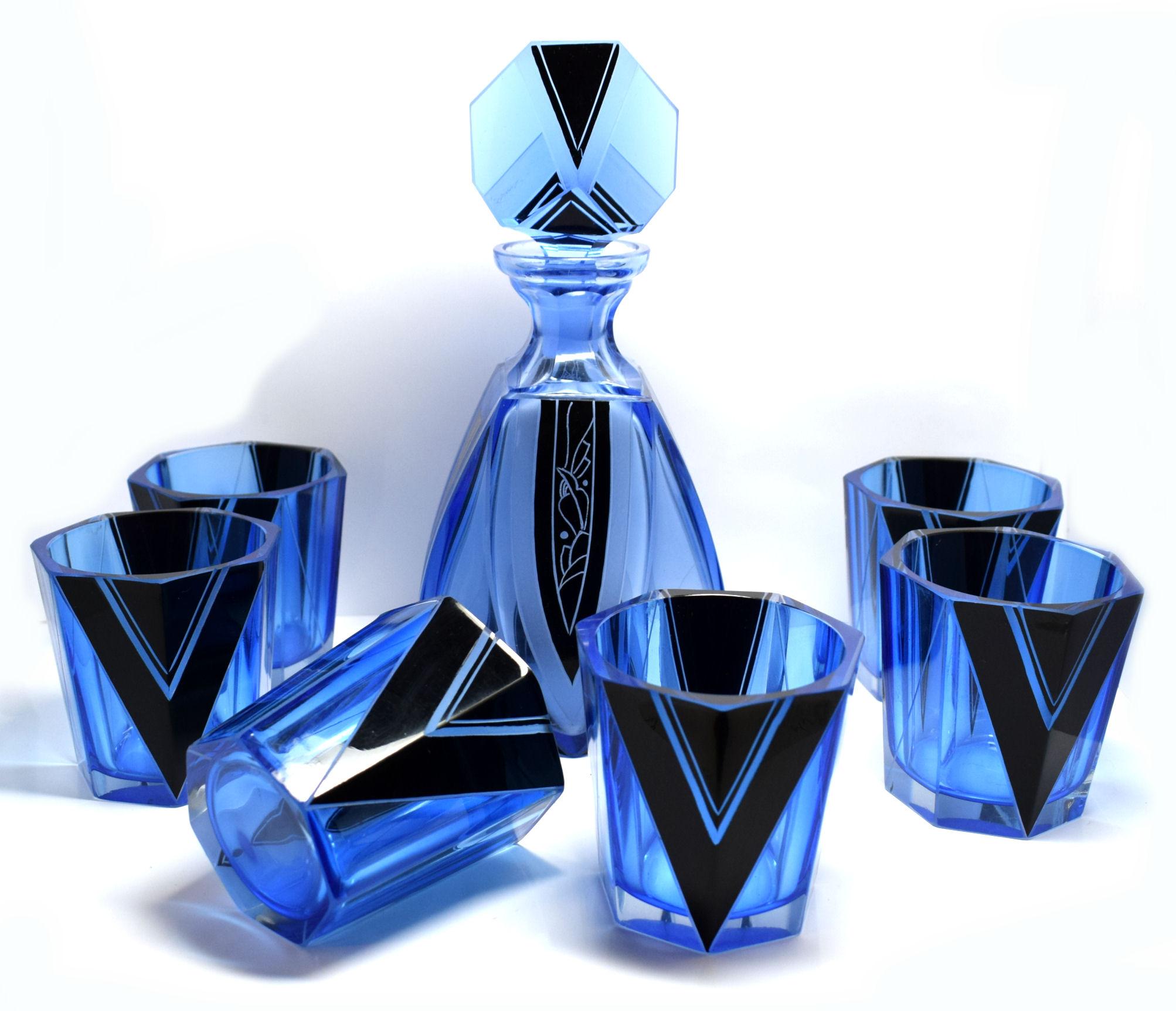 Art Deco Blue Glass Whisky Decanter Set 7