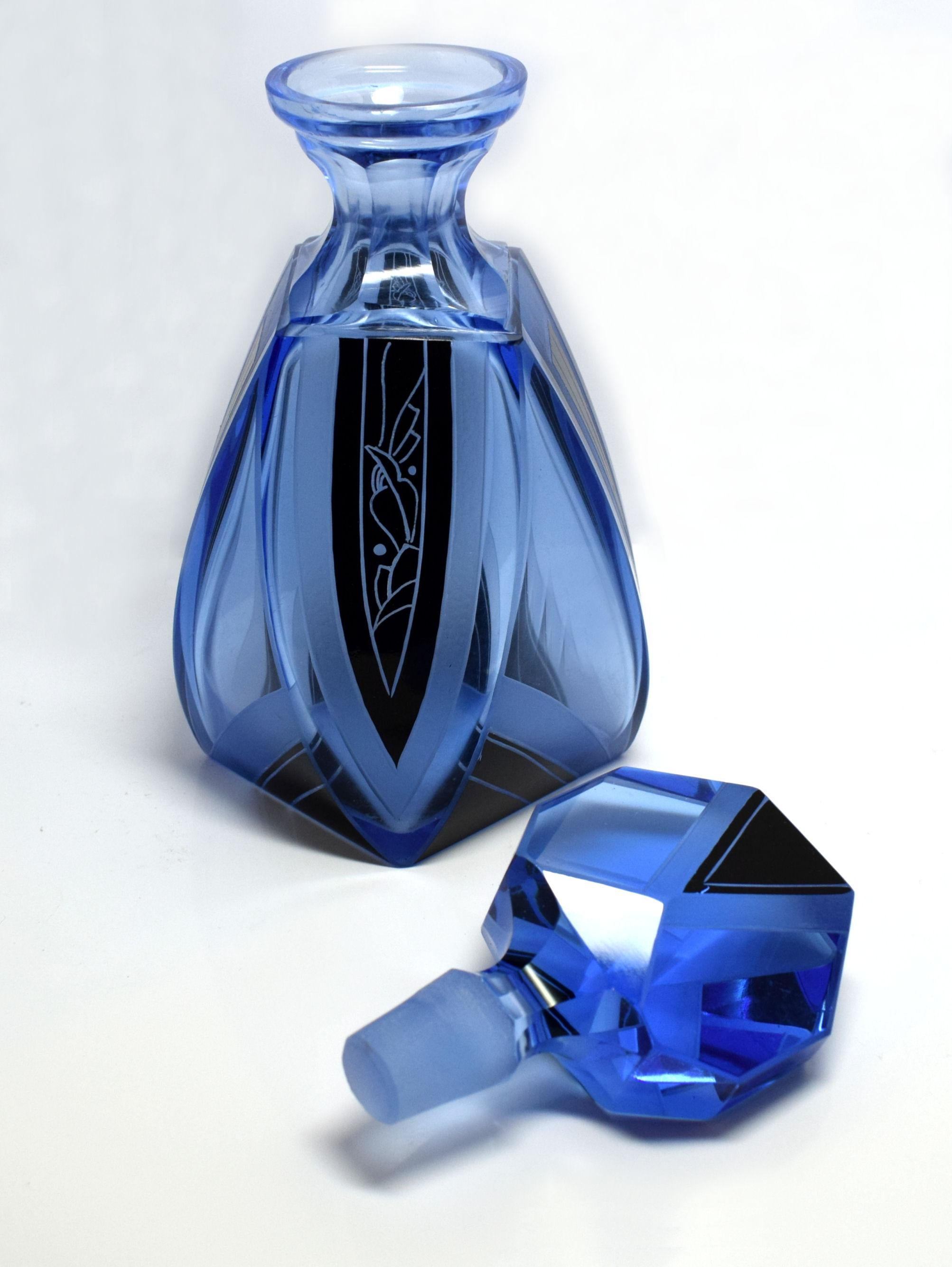 Art Deco Blue Glass Whisky Decanter Set 8