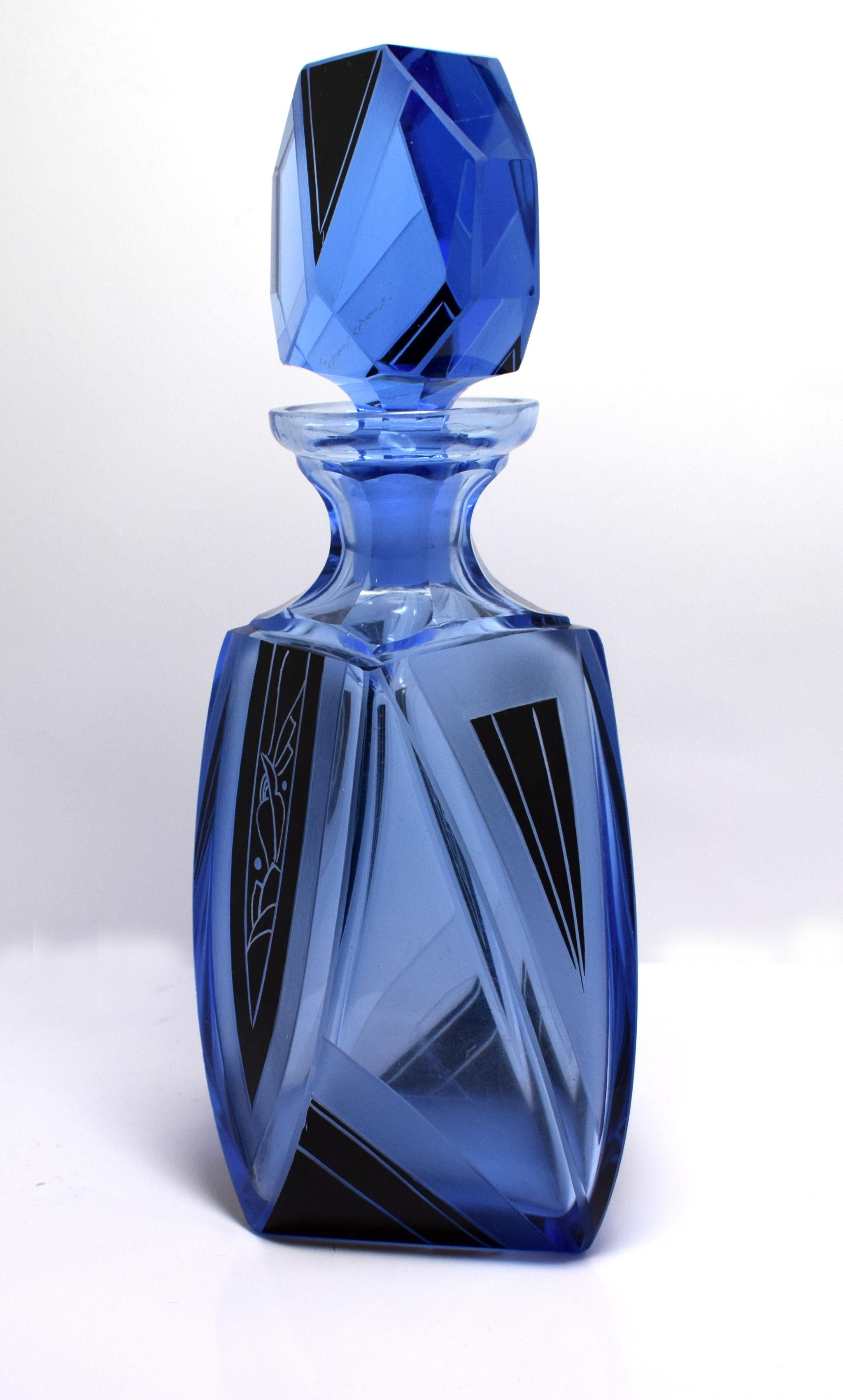Art Deco Blue Glass Whisky Decanter Set 9