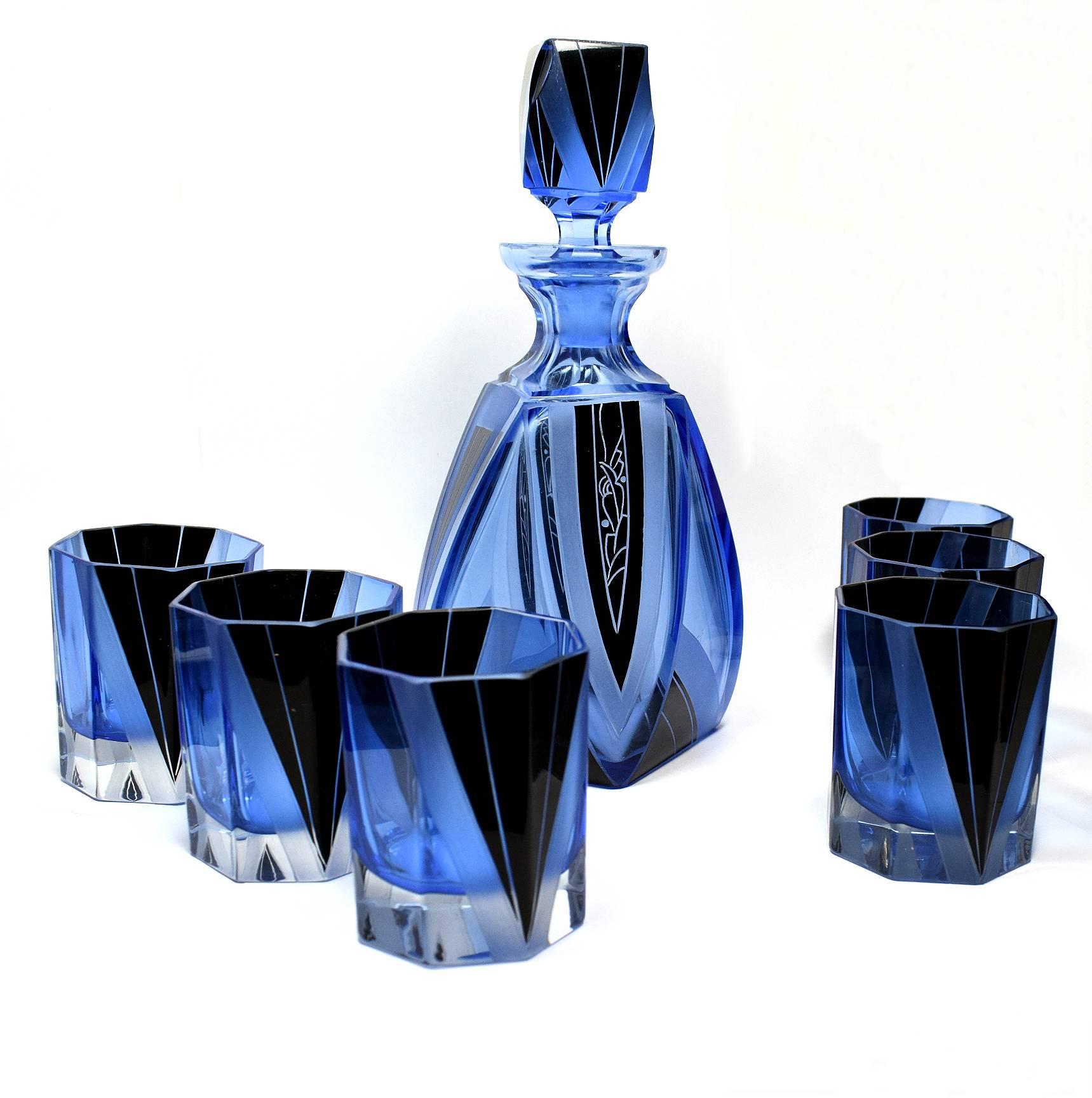 Czech Art Deco Blue Glass Whisky Decanter Set