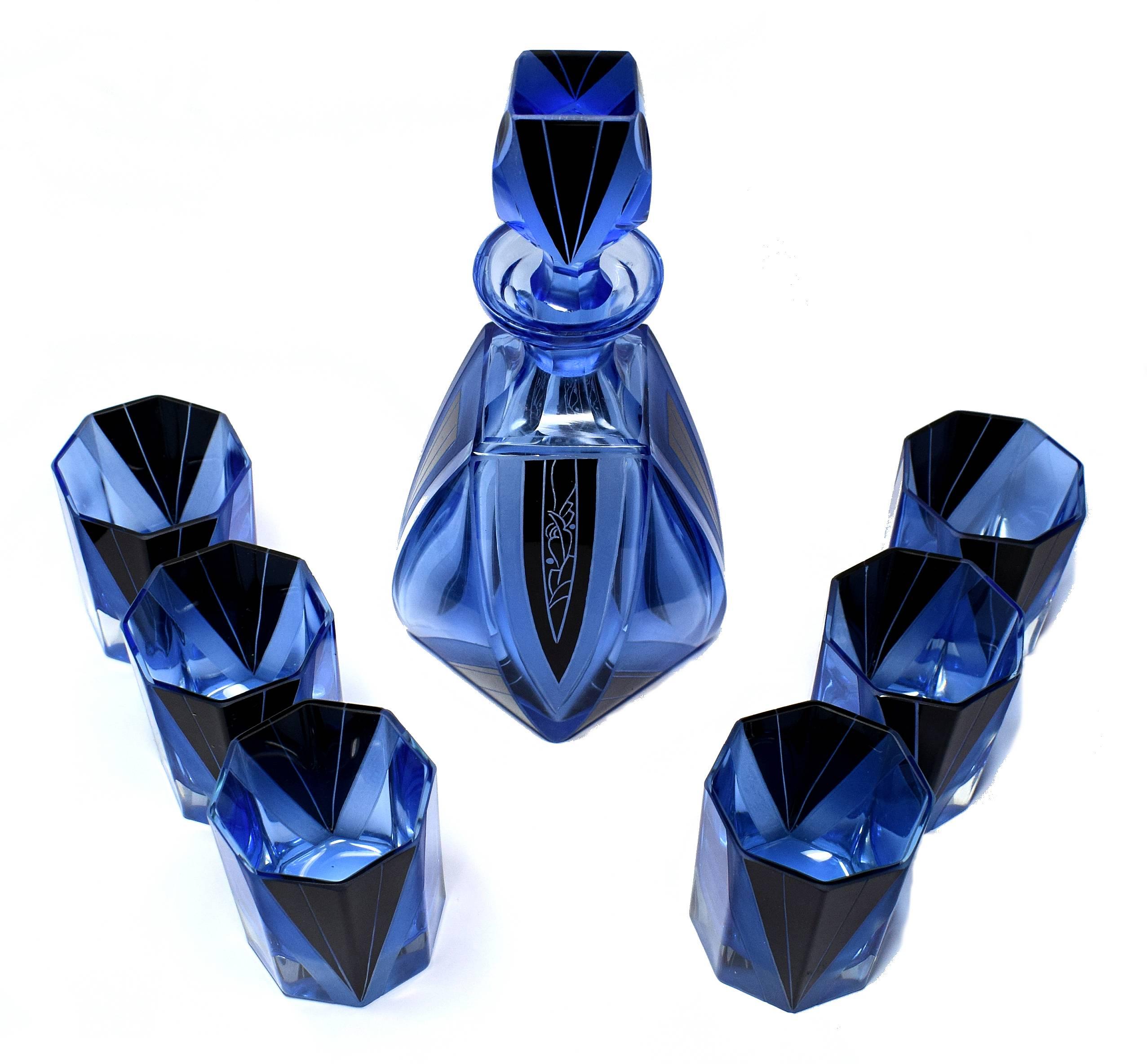 Czech Art Deco Blue Glass Whisky Decanter Set