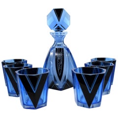 Retro Art Deco Blue Glass Whisky Decanter Set
