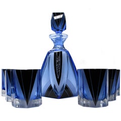 Vintage Art Deco Blue Glass Whisky Decanter Set