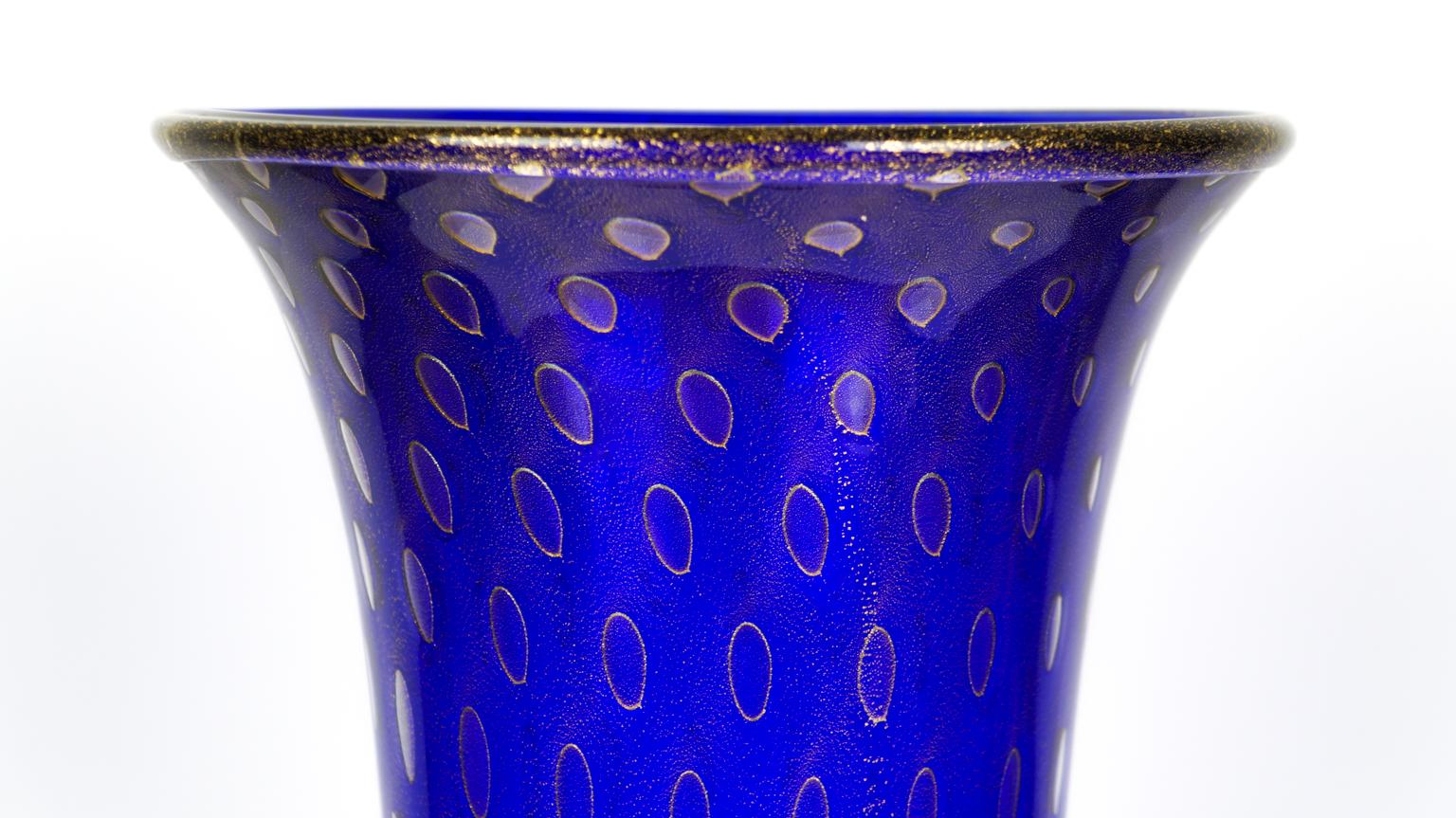 Contemporary Art Deco Blue Gold Design Italian Art Glass Vase by Stefano Mattiello For Sale