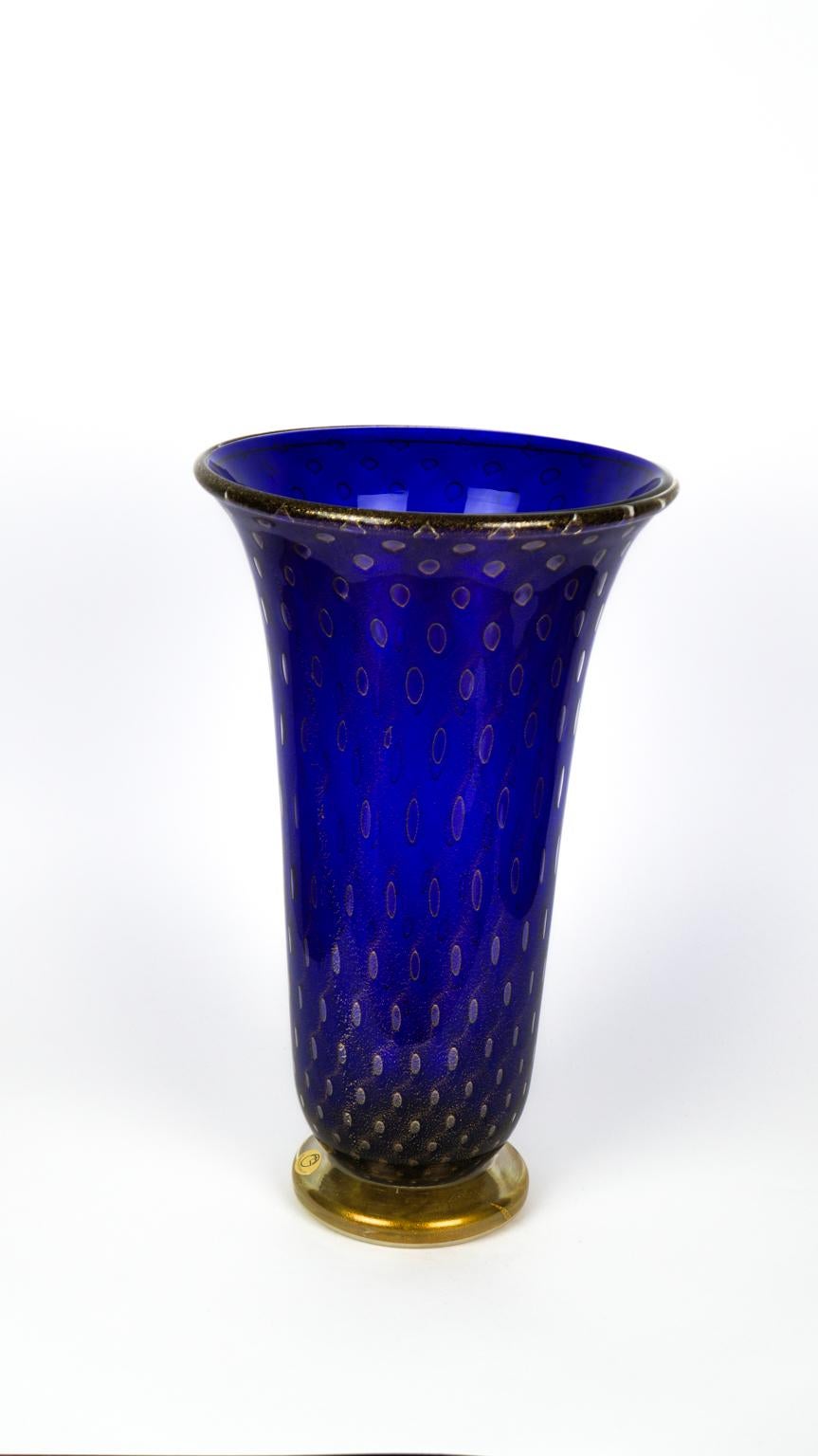 Art Deco Blue Gold Design Italian Art Glass Vase by Stefano Mattiello For Sale 2