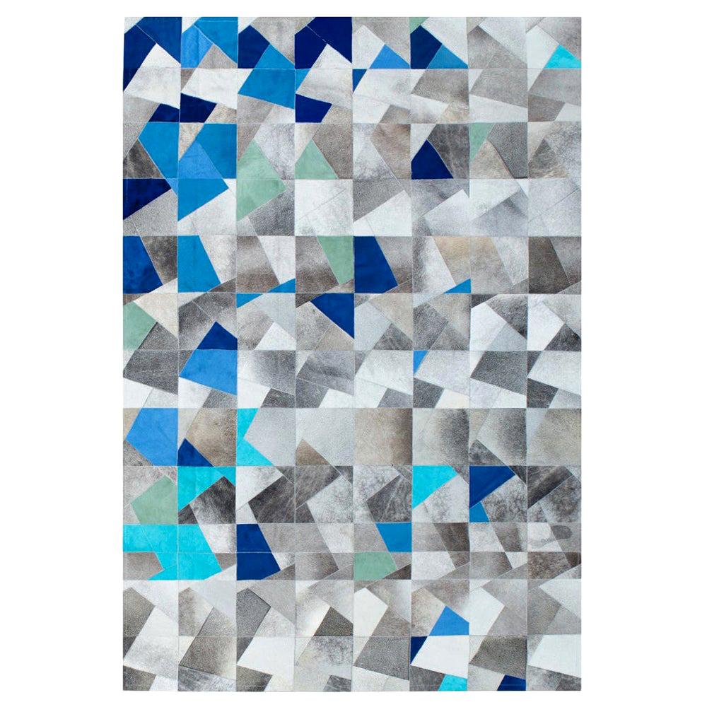 Tapis de sol Art Déco Faceta en cuir de vache bleu et gris, personnalisable, X-Large
