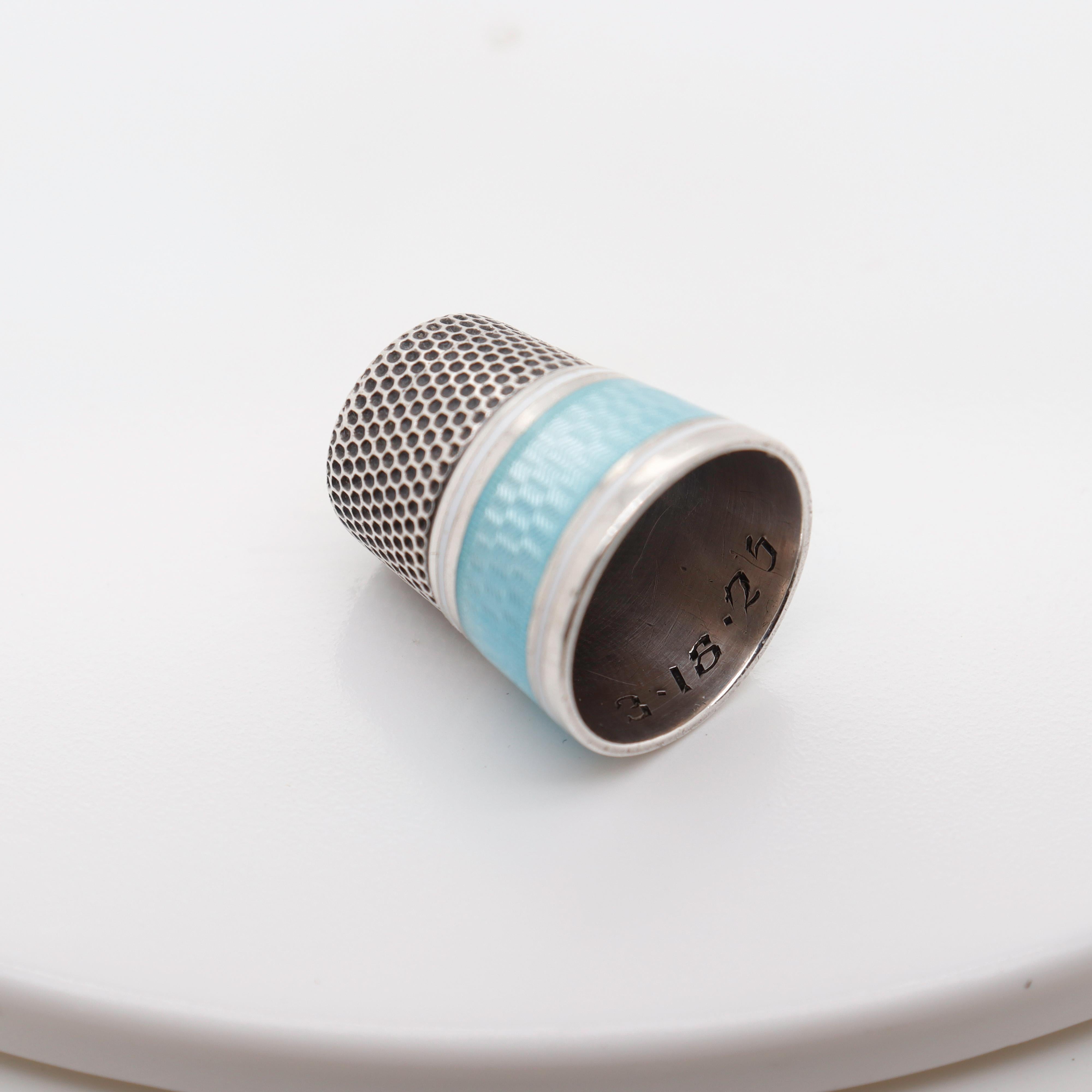 Art Deco Blue Guilloche Enameled Sterling Silver Sewing Thimble by Simmons Bros 5