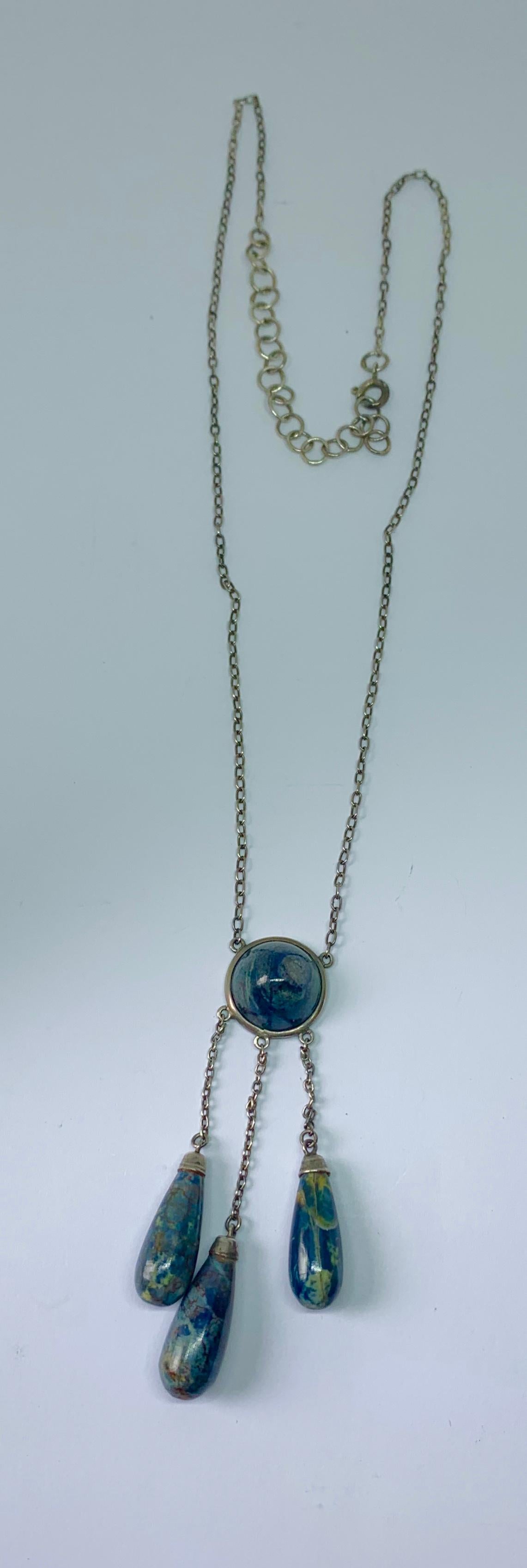 Cabochon Art Deco Blue Jasper Silver Drop Negligee Pendant Necklace