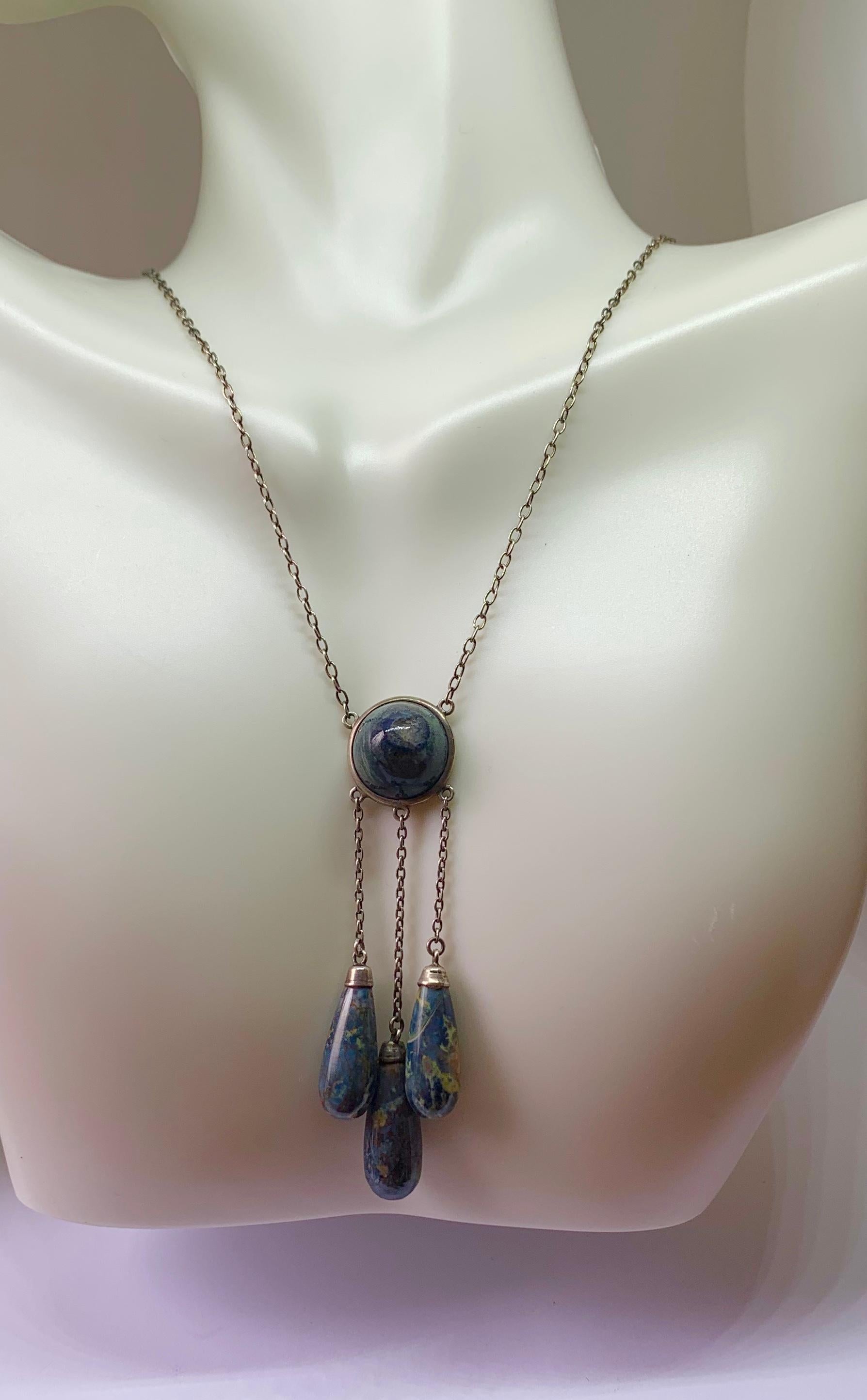 Women's Art Deco Blue Jasper Silver Drop Negligee Pendant Necklace