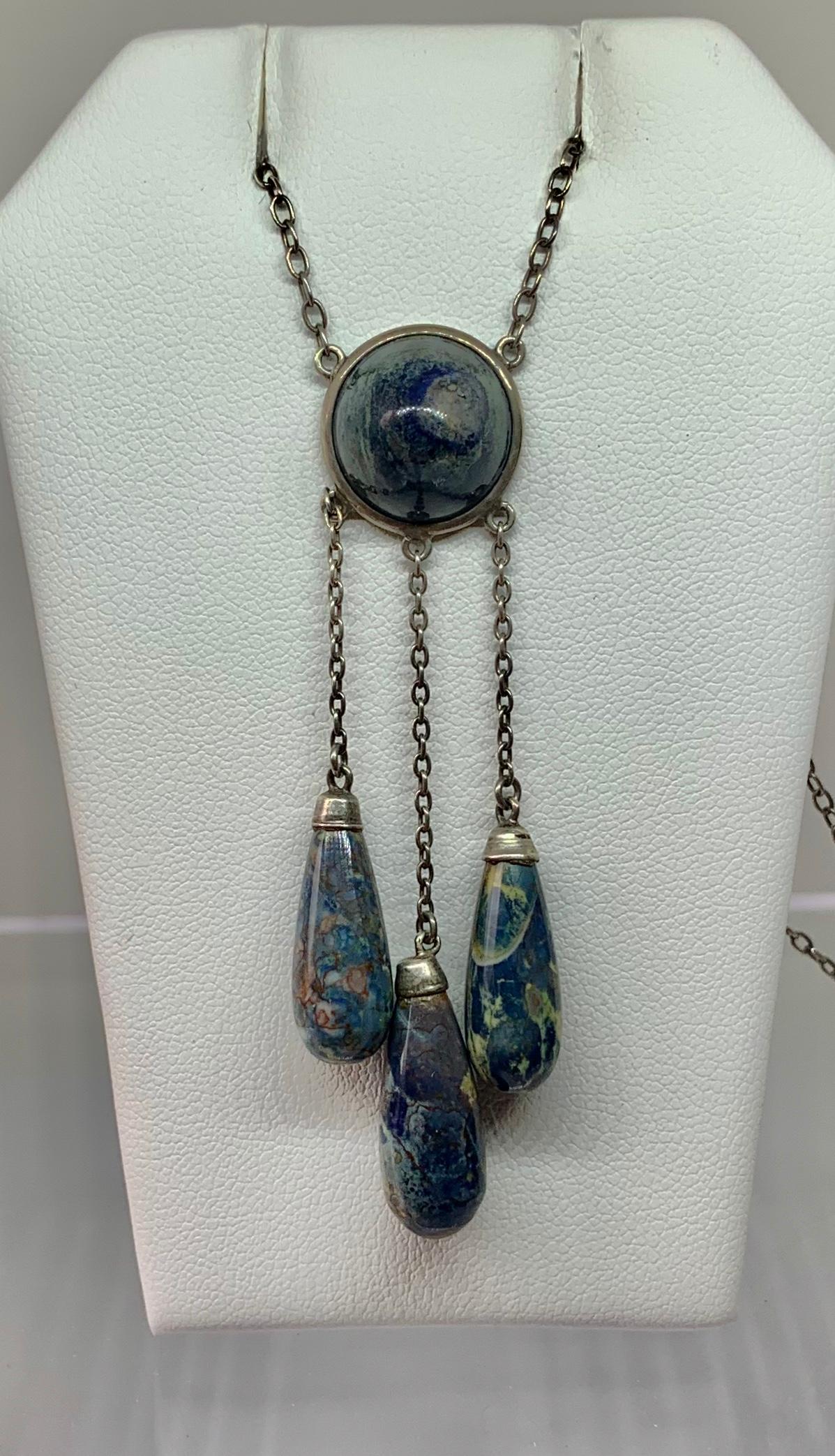 Art Deco Blue Jasper Silver Drop Negligee Pendant Necklace 1