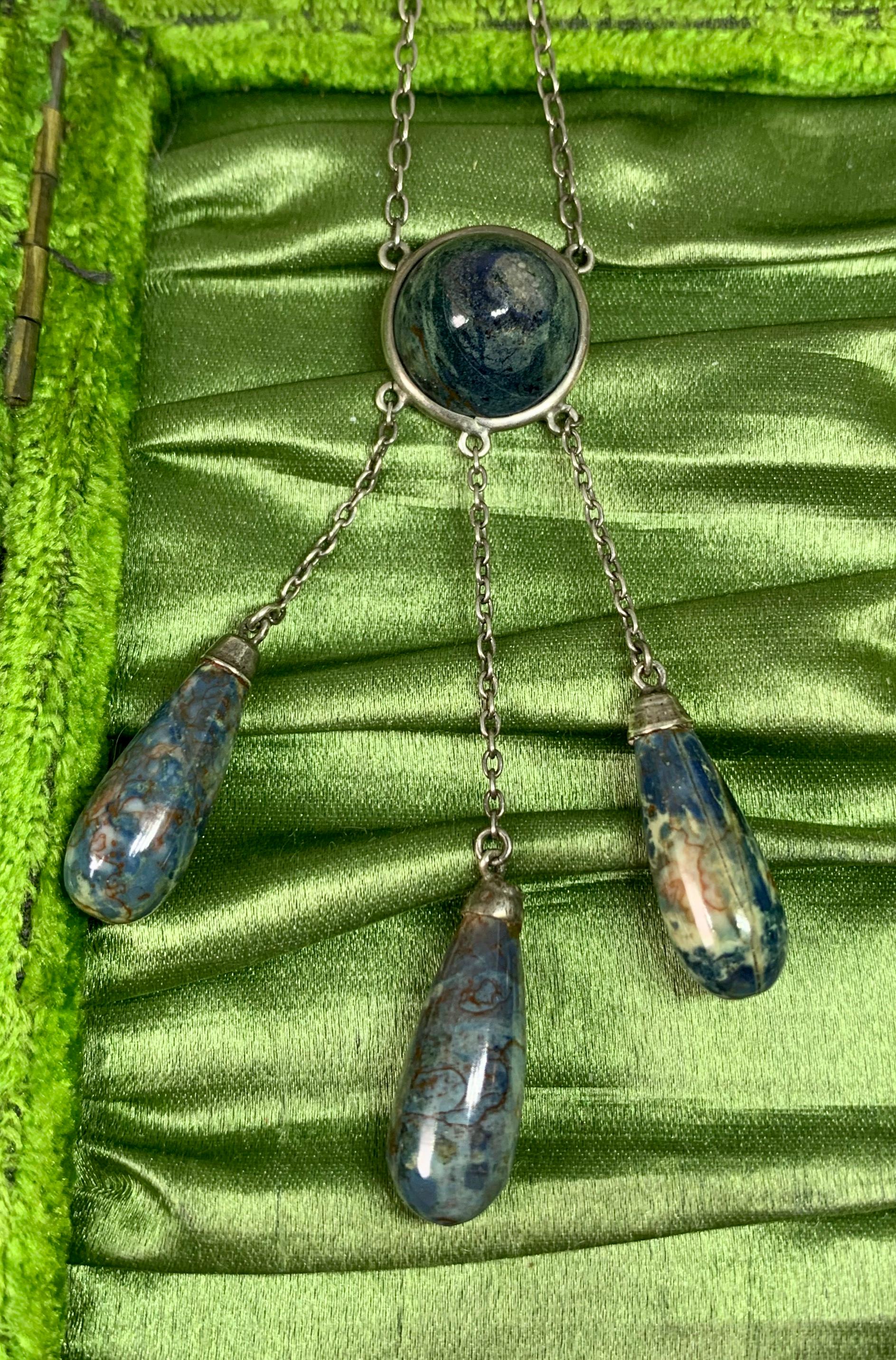 Art Deco Blue Jasper Silver Drop Negligee Pendant Necklace 3