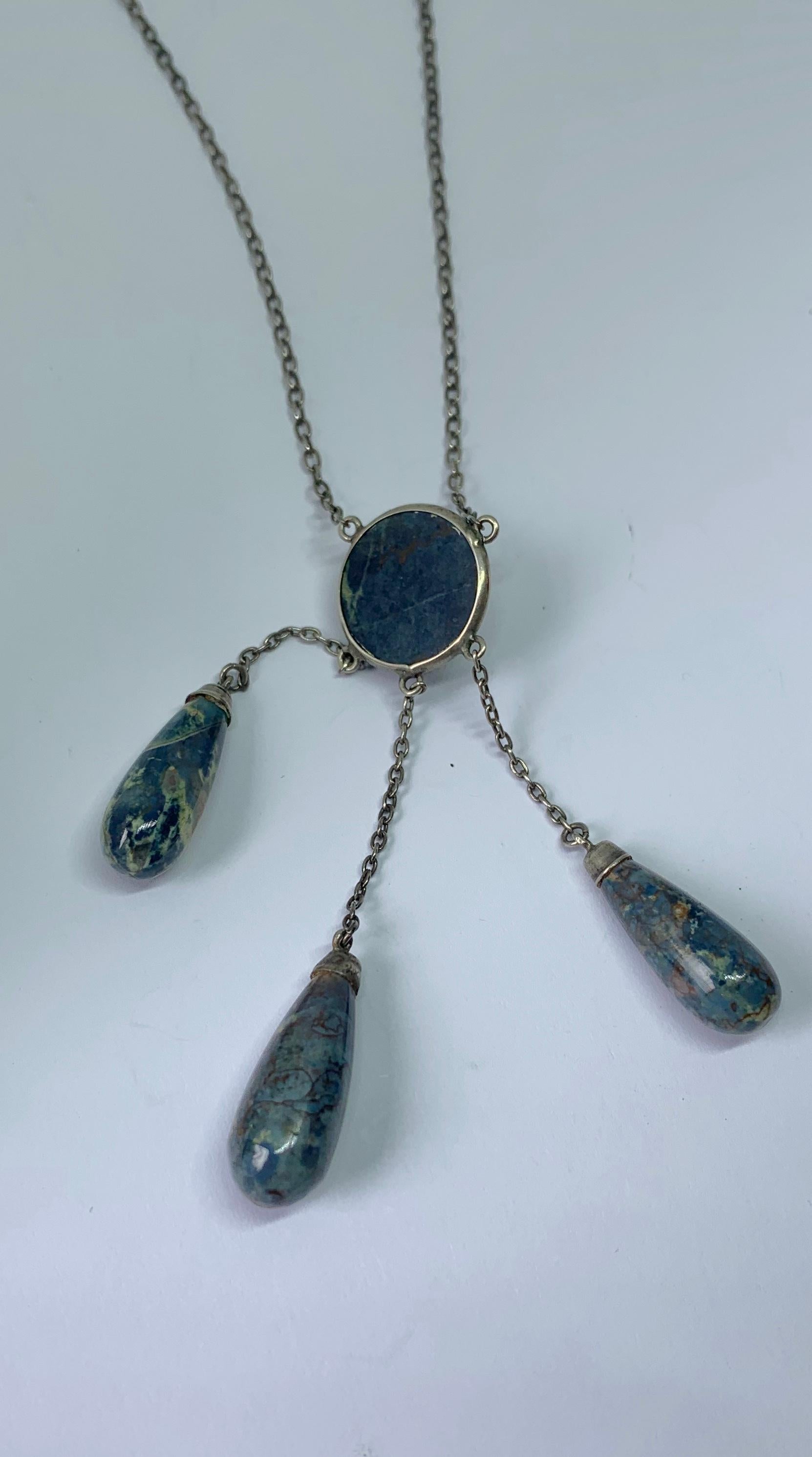 Art Deco Blue Jasper Silver Drop Negligee Pendant Necklace 4