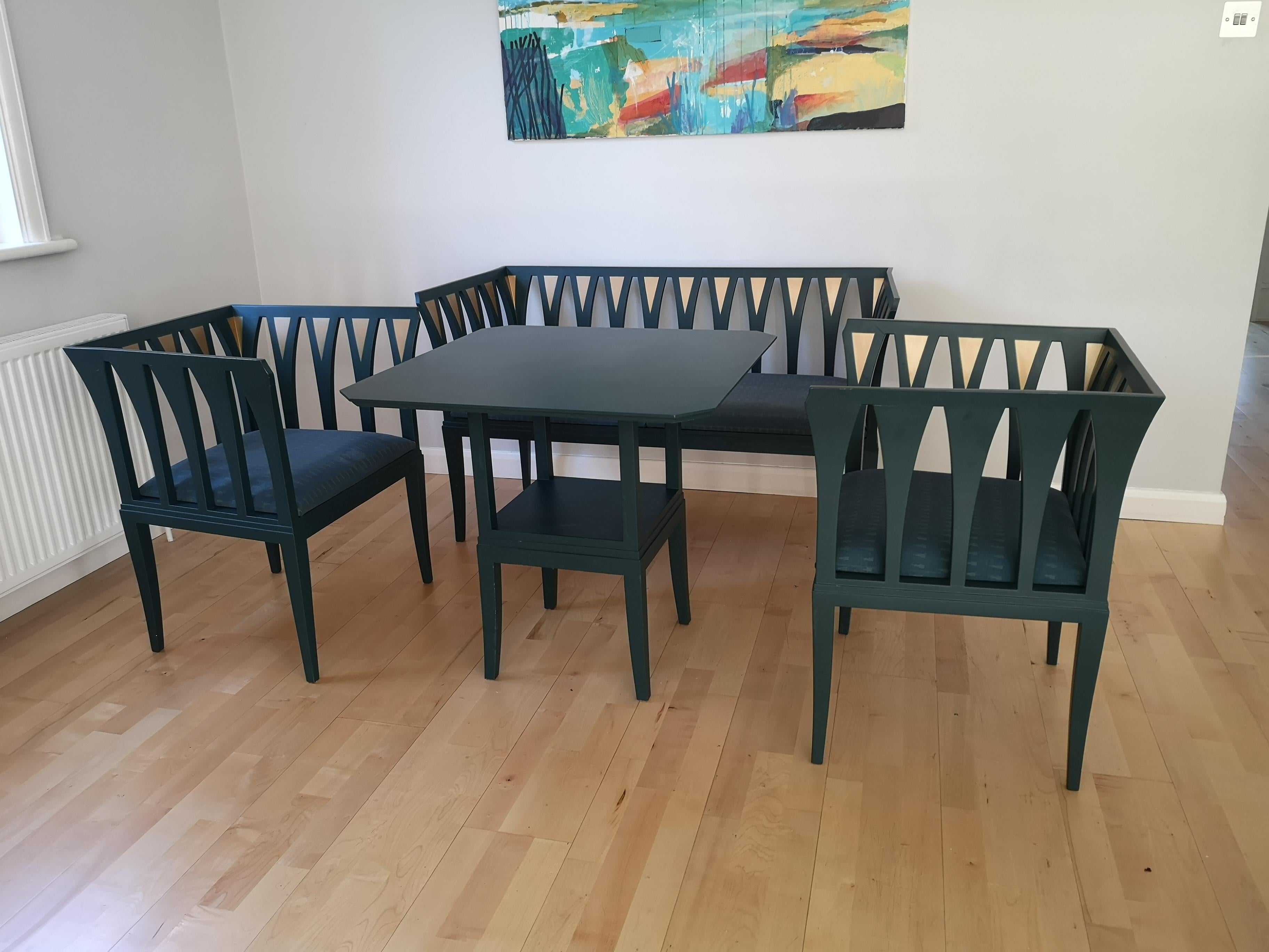 Stunning Art Deco 'Blue' living room suite designed by Eliel Saarinen in 1929 for his wife's studio in Cranbrook. The fabric used in the upholstery was designed by Josef Hoffmann. This suite is from limited production in 1983 by Adelta Oy, Finland.